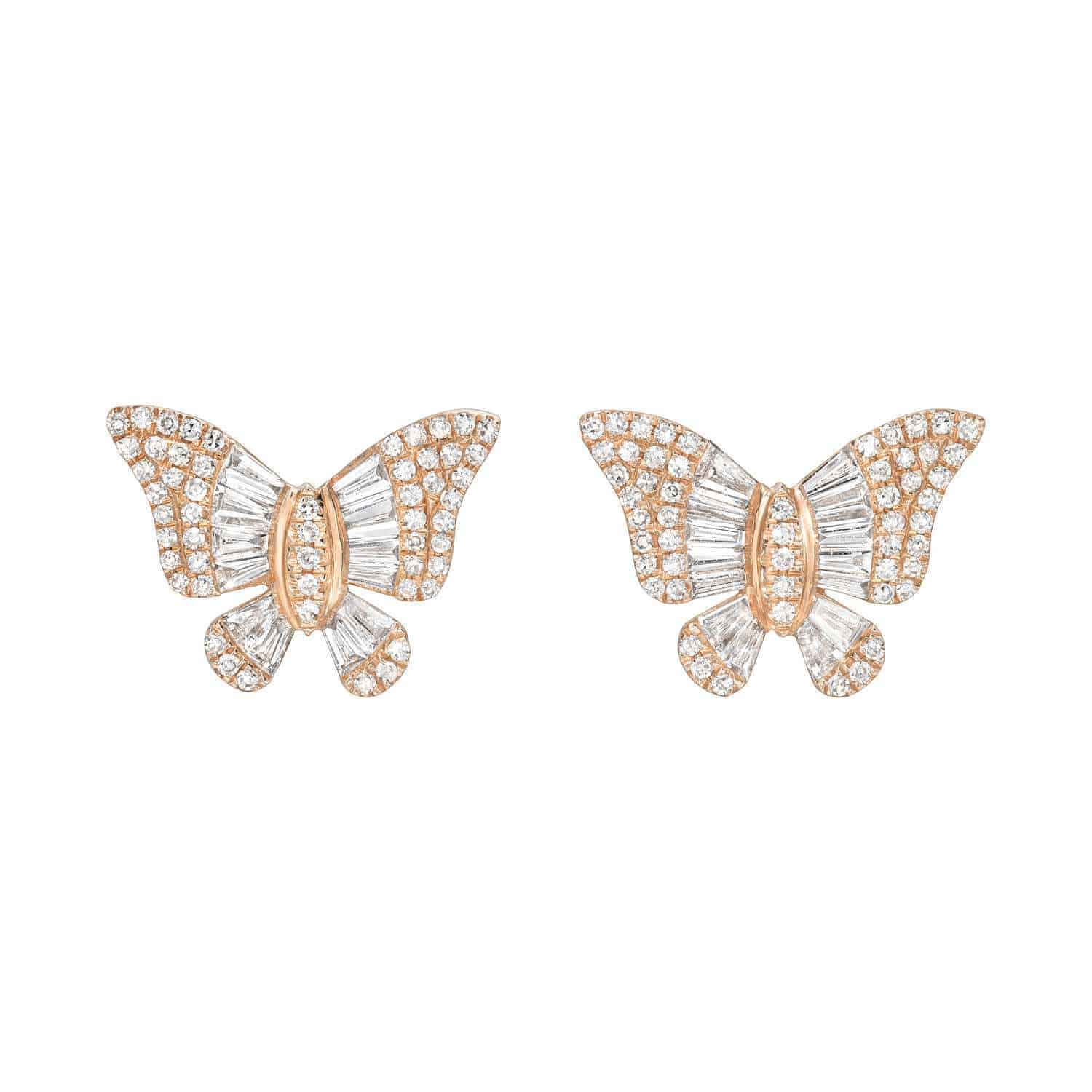 The Baguette Diamond Butterfly Studs, a masterpiece of fine jewelry, feature exquisite butterfly-shaped designs adorned with sparkling clear stones. Their symmetrical wings showcase a blend of round and baguette-cut stones in an enchanting pattern.