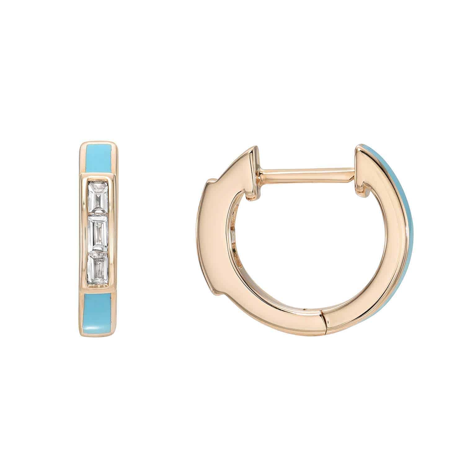The Baguette Diamond Enamel Huggies are elegant gold hoop earrings featuring turquoise accents and rectangular clear stones on the front, designed with a sleek, modern look and a hinged closure mechanism for easy wear.