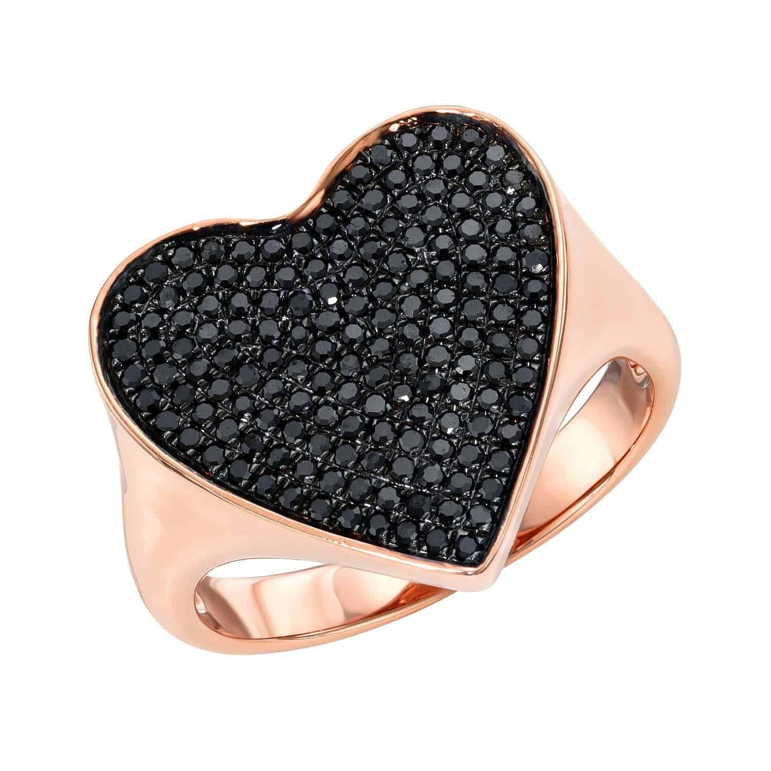 Introducing the Black Diamond Heart Ring—now available for preorder. This rose gold ring features a striking, large heart-shaped top adorned with sparkling black diamonds, lending it a luxurious and glamorous look. For custom ring sizing, please contact us.