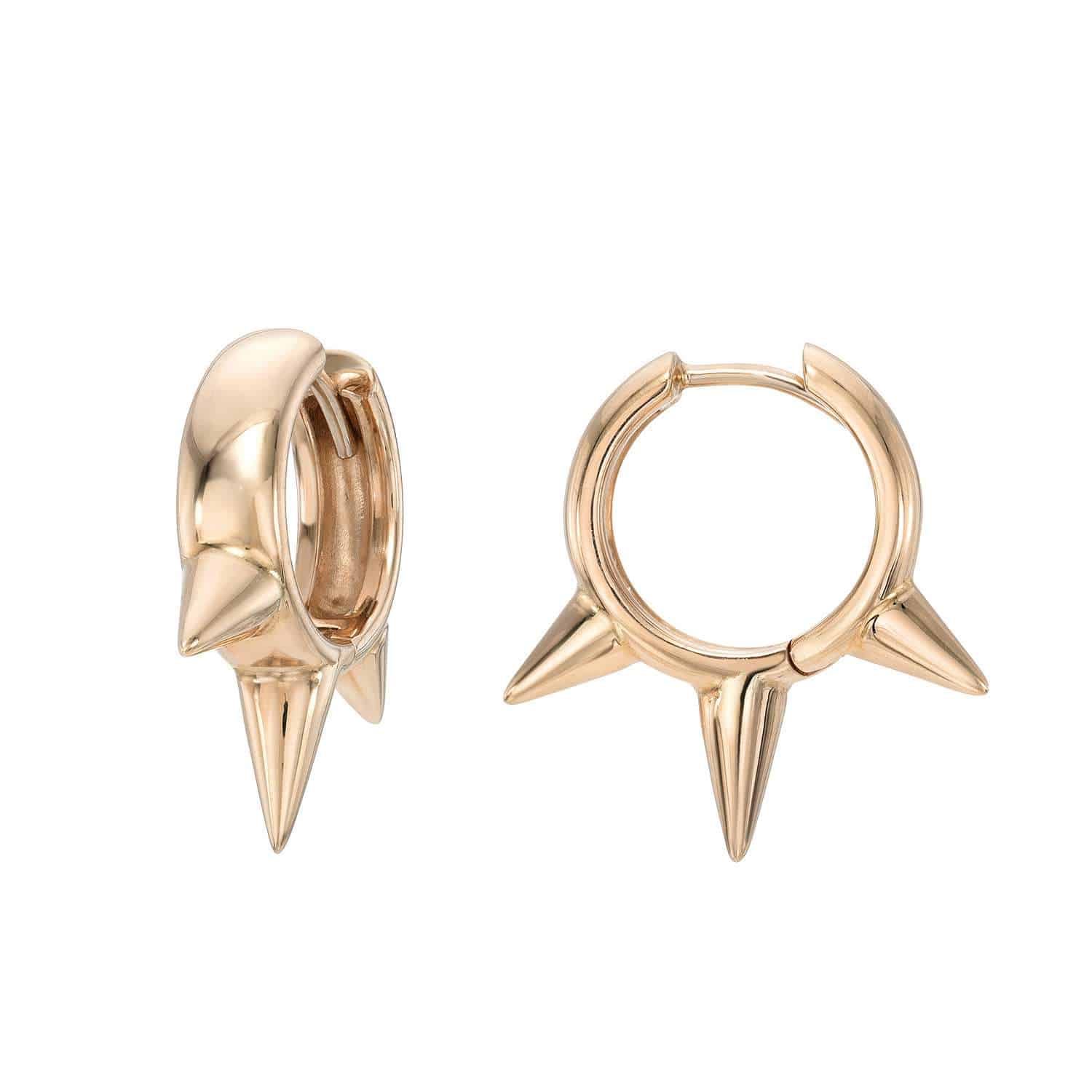 Janet Heller Fine Jewelrys Chunky Spike Hoops are gold hoop earrings with three pointed spikes on a white background, featuring a polished finish and an edgy design.