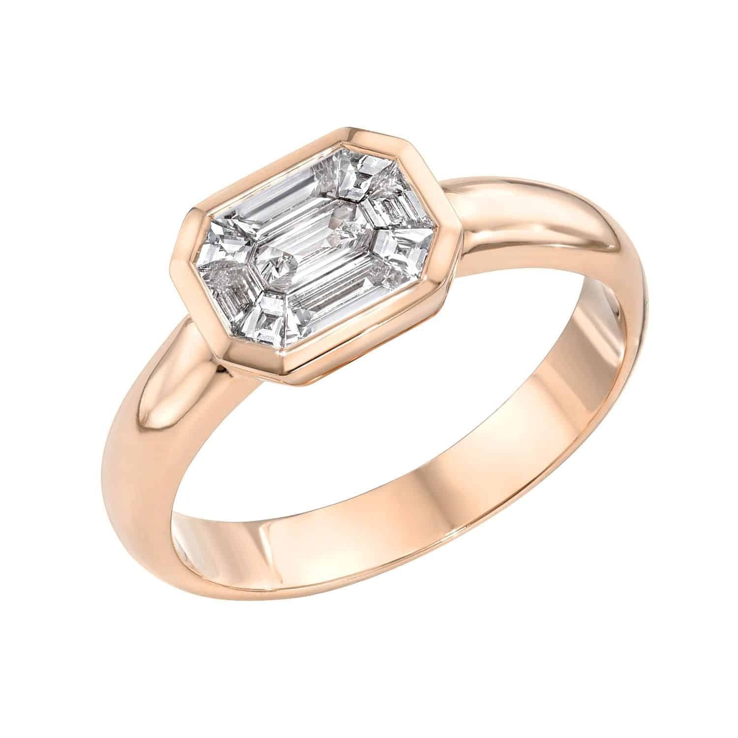 Introducing the Diamond Athena Ring: a stunning rose gold ring with a geometric hexagon-shaped setting, showcasing an array of baguette and round diamonds at its center. Available in multiple ring sizes—contact us for assistance or to preorder this exquisite piece.