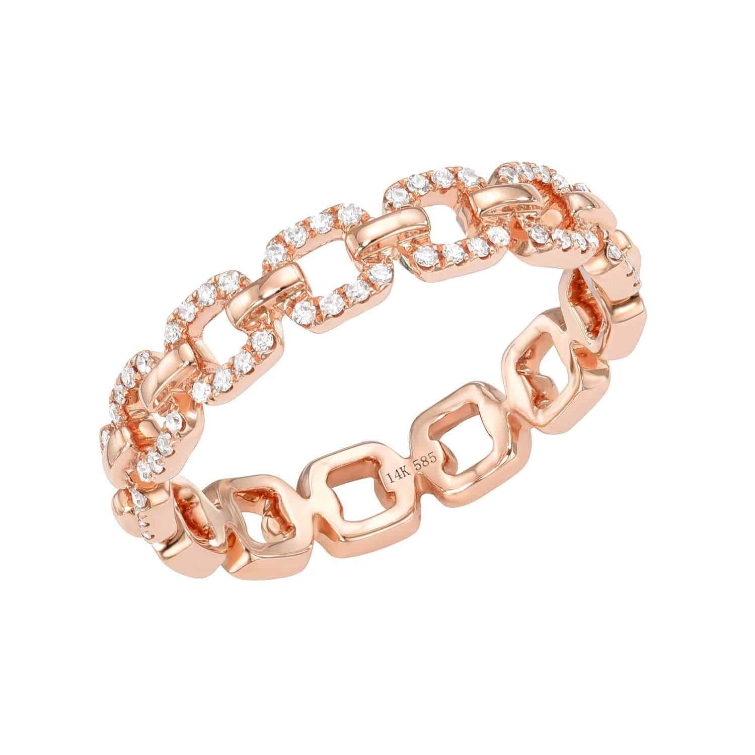 Introducing the Diamond Chain Bella Ring: a rose gold chain-link band featuring square links, some adorned with small round diamonds, forming a seamless loop. The inside is stamped 14K 585. With its modern yet elegant design, this signature piece from Janet Heller Fine Jewelry can be preordered in your preferred ring size—please specify your size when placing your request.