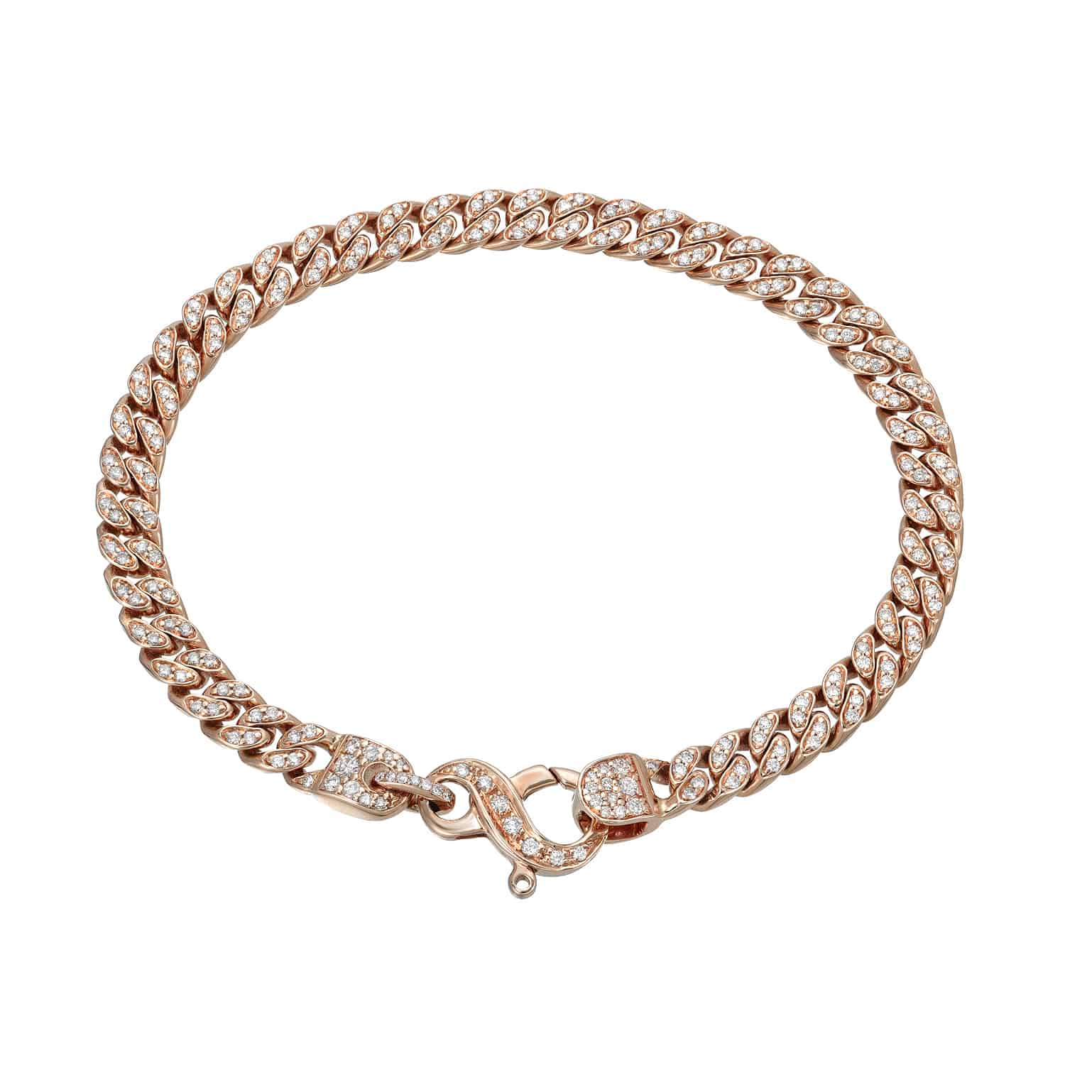 The Diamond Cuban Link Hattie Bracelet is a gold chain with interlocking diamond-inlaid links creating a complete circle. It has an infinity-shaped clasp for security. For customizations or inquiries, contact Janet Heller Fine Jewelry.