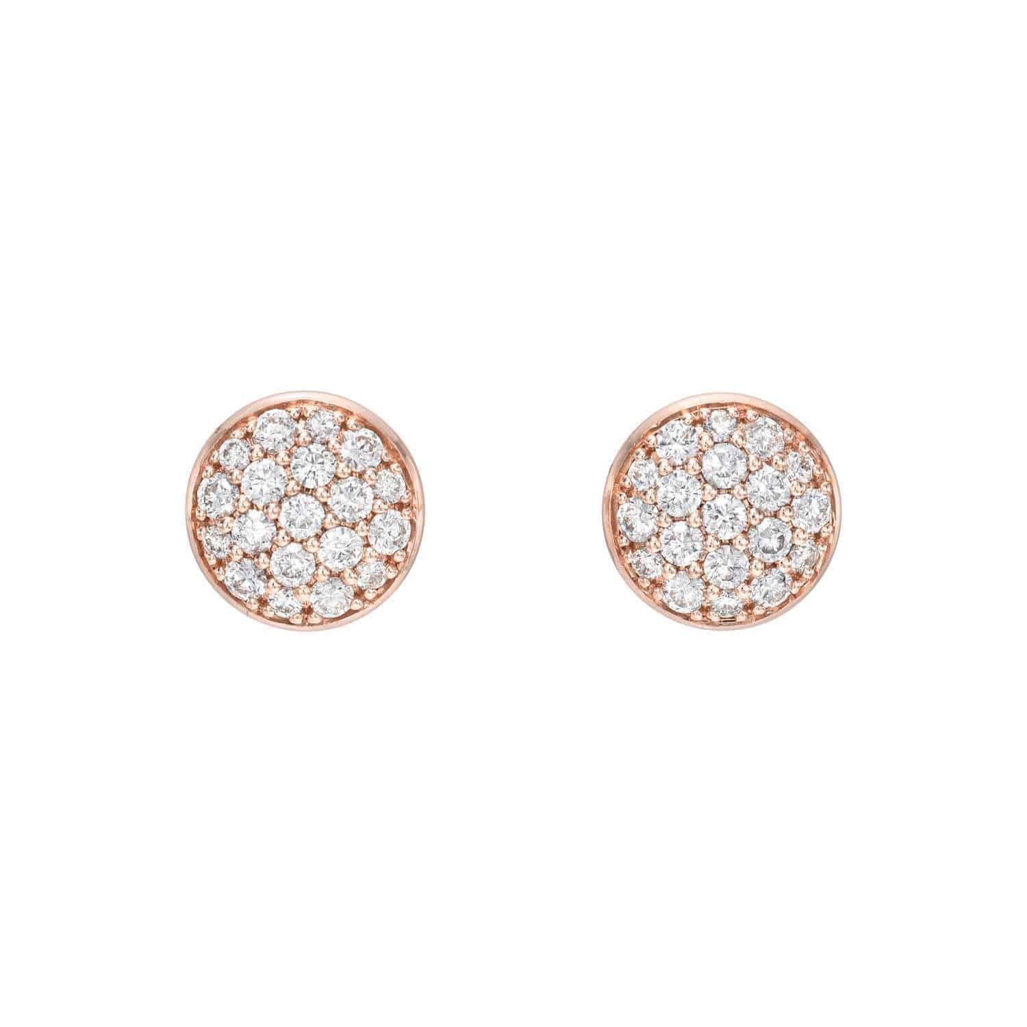 The Diamond Elsie Studs are exquisite round earrings featuring clustered diamonds set in a rose gold frame, capturing the essence of fine jewelry with their sparkling, intricate pattern against a plain white background.