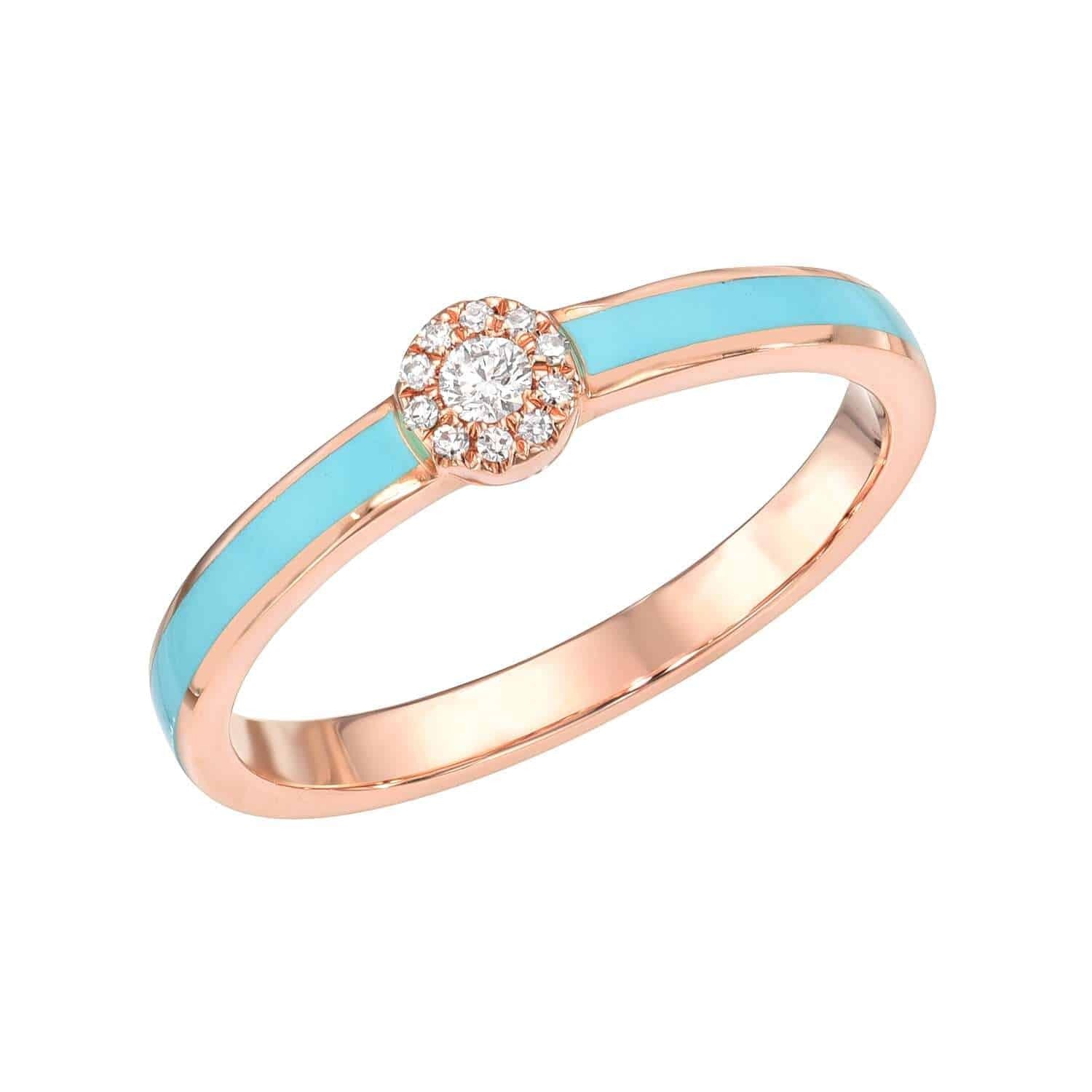 Introducing our Round Diamond Enamel Ring, crafted in rose gold and featuring a turquoise enamel band. At its center is a brilliant round diamond, encircled by a sparkling halo of smaller diamonds. For guidance on sizing or to preorder your ring, please contact us for personalized assistance.