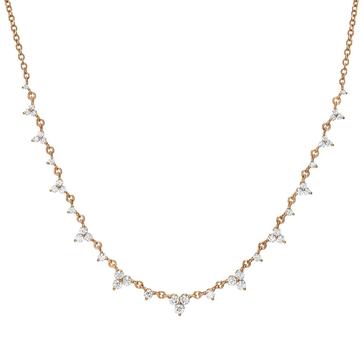 The Diamond Isabella Necklace from Janet Heller Fine Jewelry features evenly spaced small clusters of sparkling white gemstones along a delicate gold chain, creating a subtle and elegant pattern.