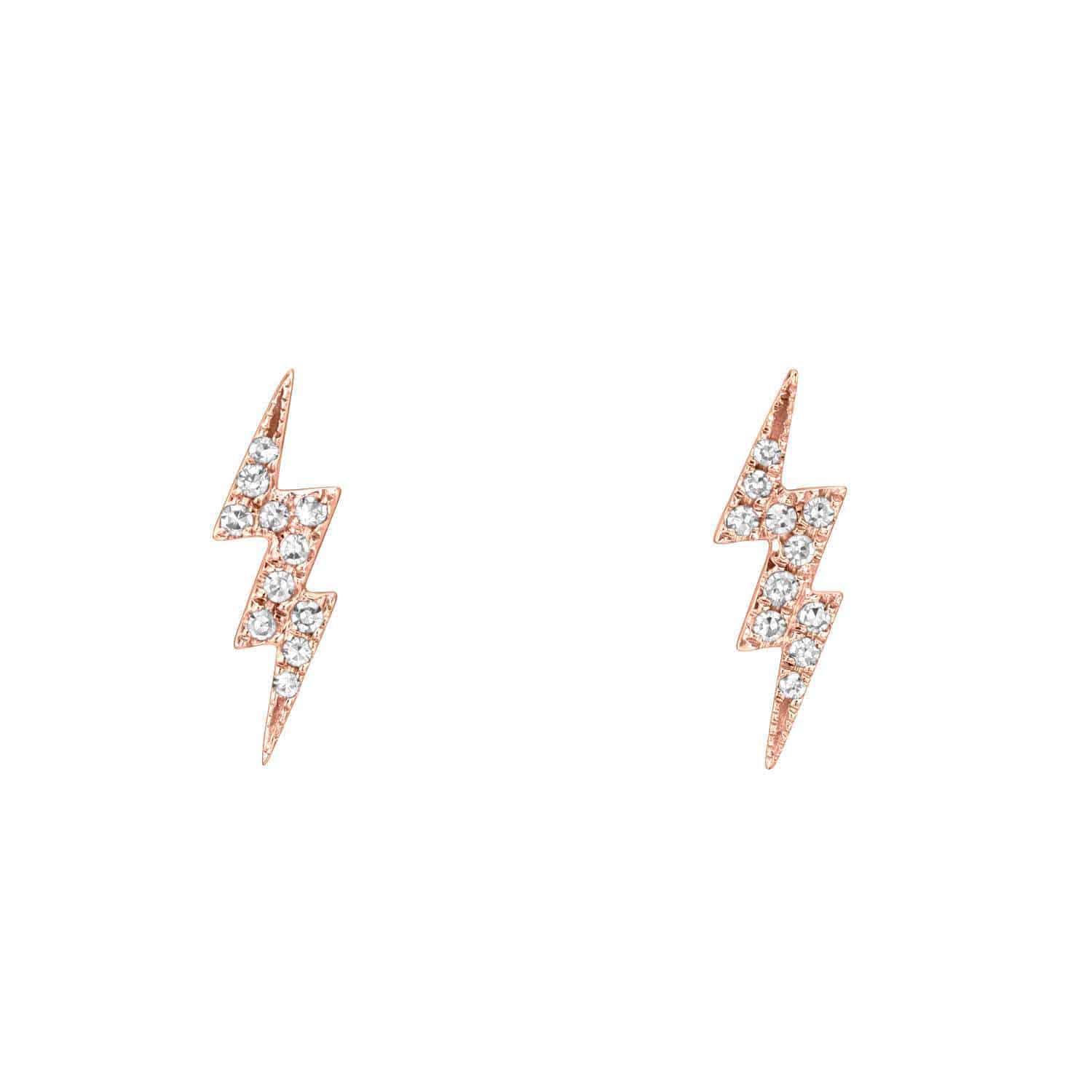 Gold Diamond Lightning Bolt Studs embellished with small white gemstones in a symmetrical pattern against a white background. Explore more exquisite designs and jewelry customization at JanetHellerFineJewelry.