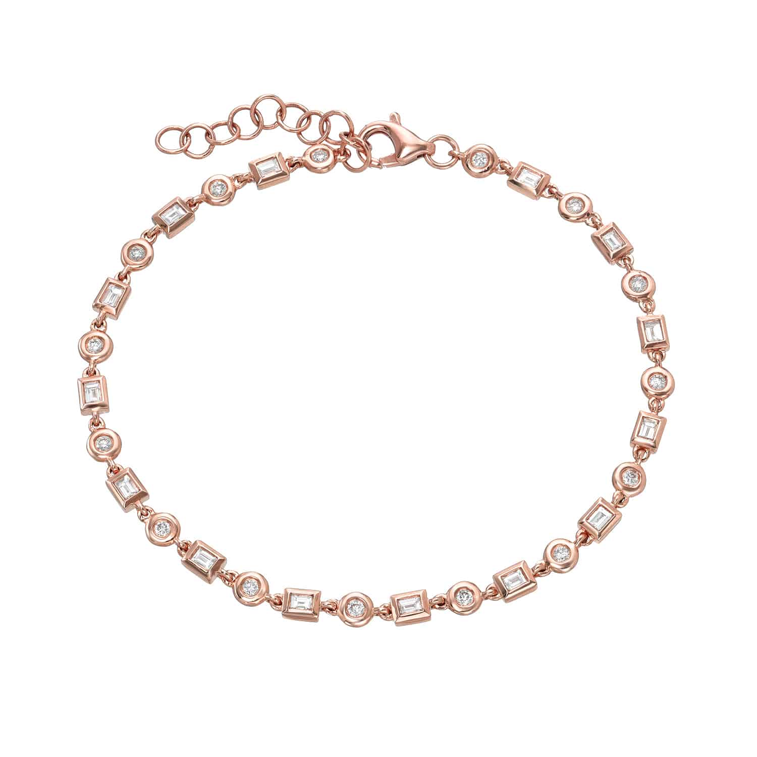 The Diamond Nicolette Bracelet showcases exquisite craftsmanship with its rose gold design, featuring alternating square and round settings adorned with small clear stones. It has an adjustable chain and a lobster clasp for perfect wrist customization.