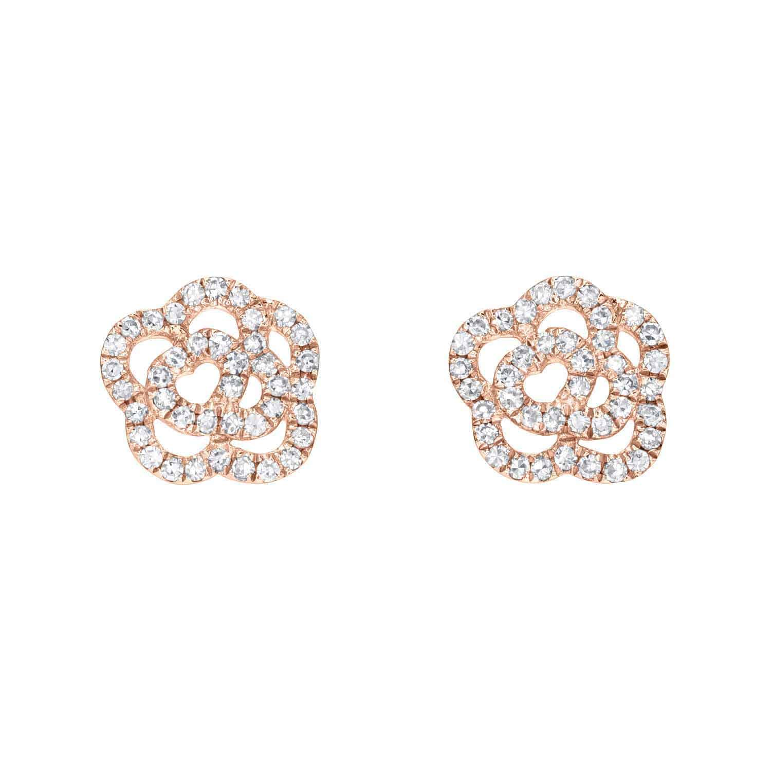 The Diamond Rose Studs by Janet Heller Fine Jewelry, gold flower-shaped earrings with an intricate open petal design and encrusted with sparkling diamonds, showcase elegance and offer stunning beauty and luxurious customizations, set against a white background.