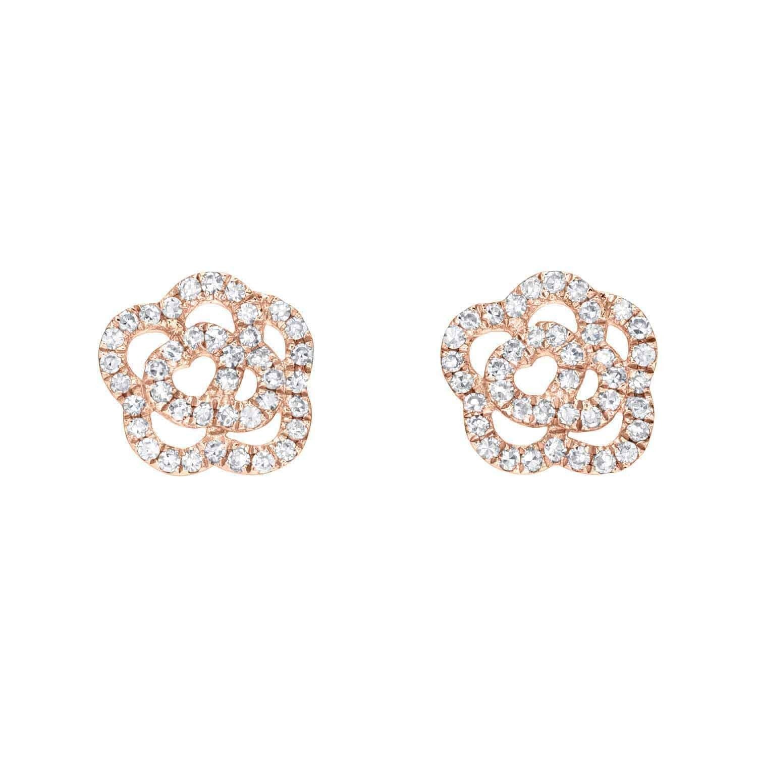Diamond Rose Studs—gold earrings crafted in a delicate openwork floral motif and outlined with sparkling diamonds—displayed on a white background, present a stunning example of fine jewelry from Janet Heller Fine Jewelry.