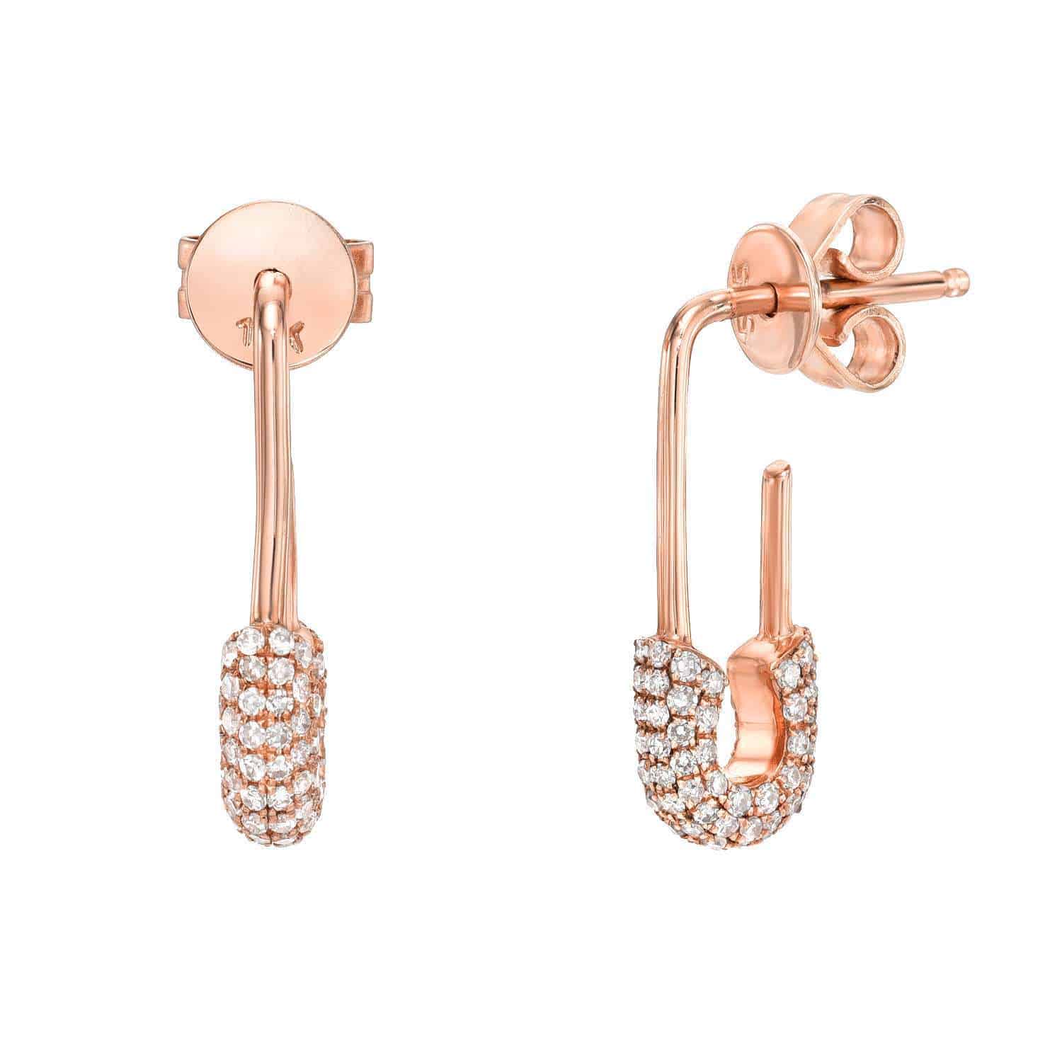 Elegant rose gold Diamond Safety Pin Earrings, half adorned with sparkling white gemstones, exemplify fine jewelry. Each earring features a post back for secure fastening. Contact us for customizations to make these exquisite pieces uniquely yours.