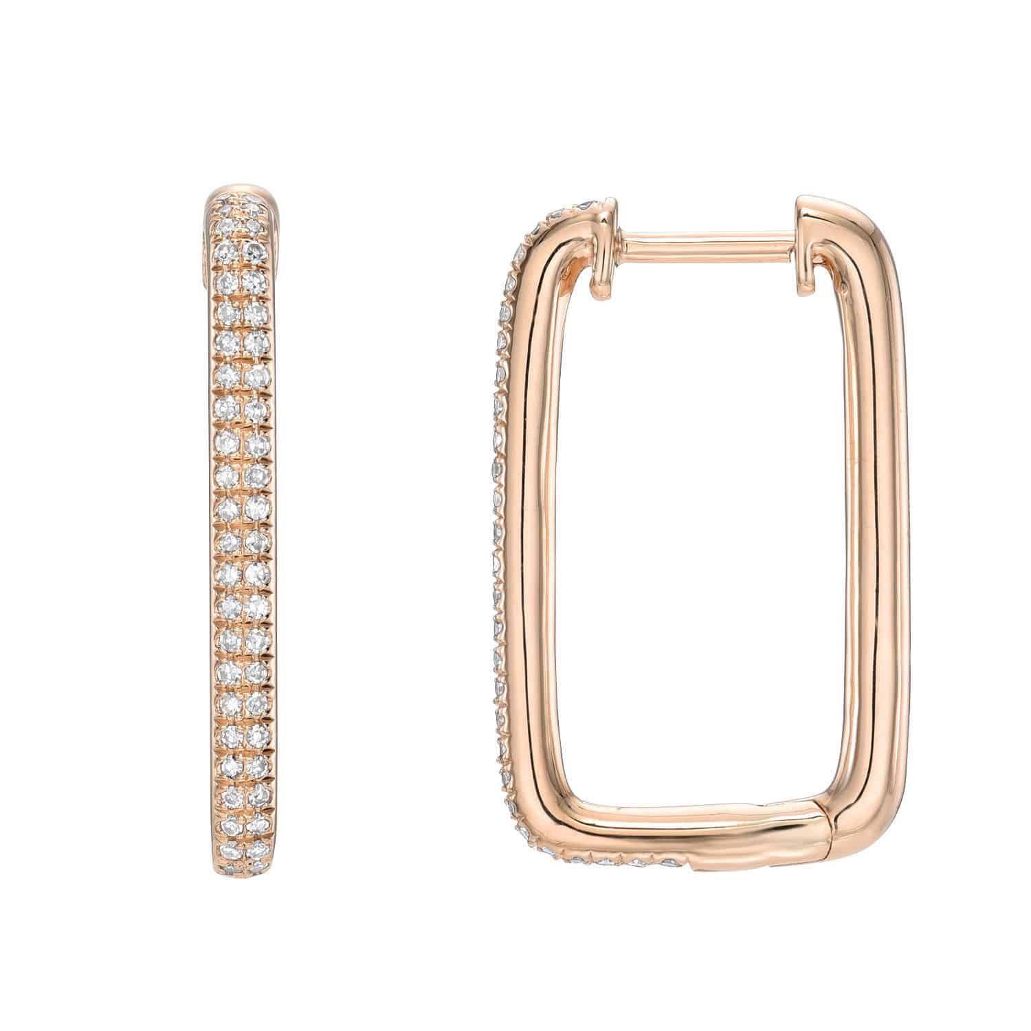 The Double Row Rectangular Diamond Hoops from Janet Heller Fine Jewelry are exquisite gold earrings with sparkling diamonds. One earring is shown side-on to display the diamond-encrusted surface, while the other is front-facing to highlight its elegant shape.