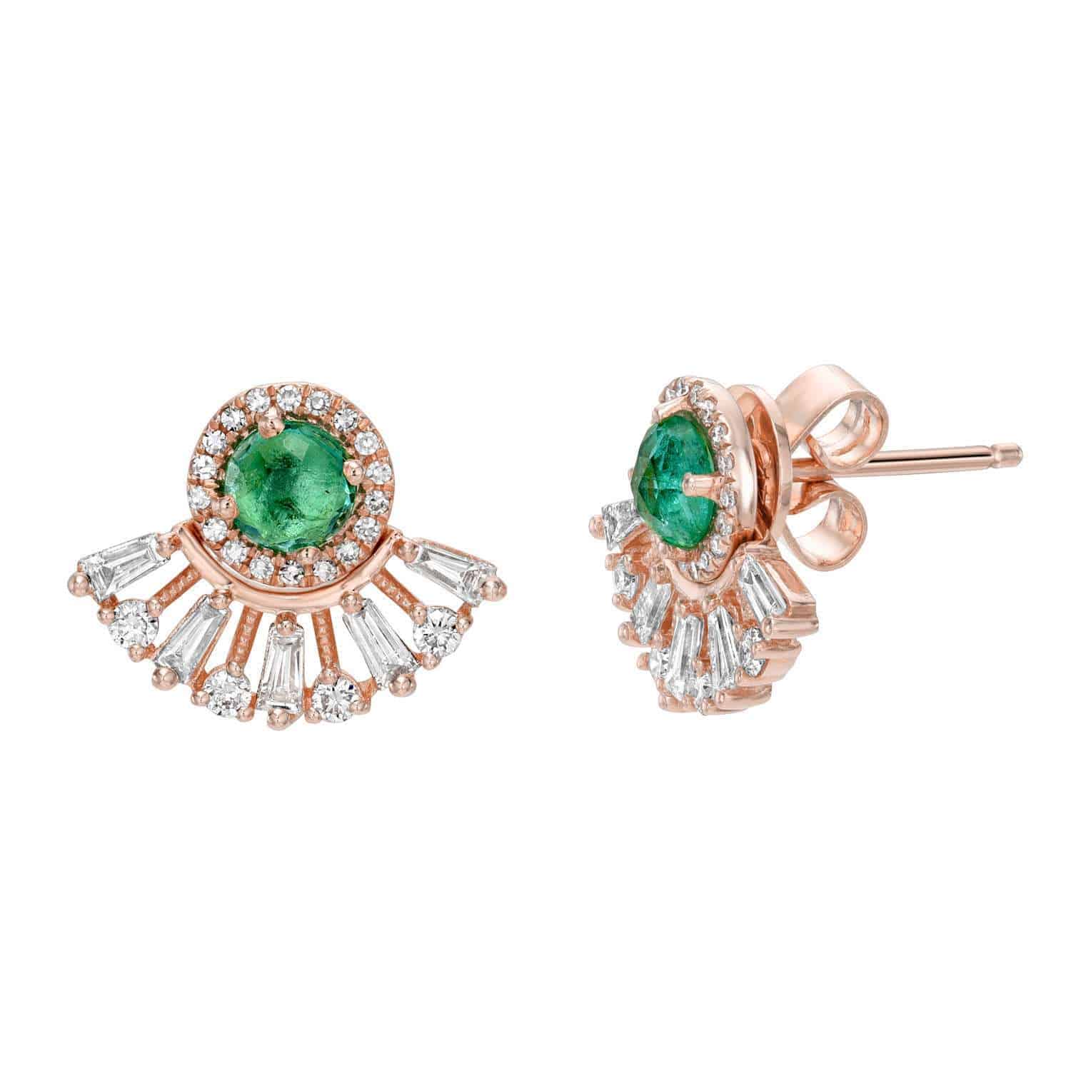 Discover the elegance of Janet Heller Fine Jewelry with the Emerald & Diamond Fan Studs. These rose gold earrings feature central green gemstones, a halo of white stones, and fan-shaped clusters of baguette and round stones adding exquisite sparkle to this timeless design.