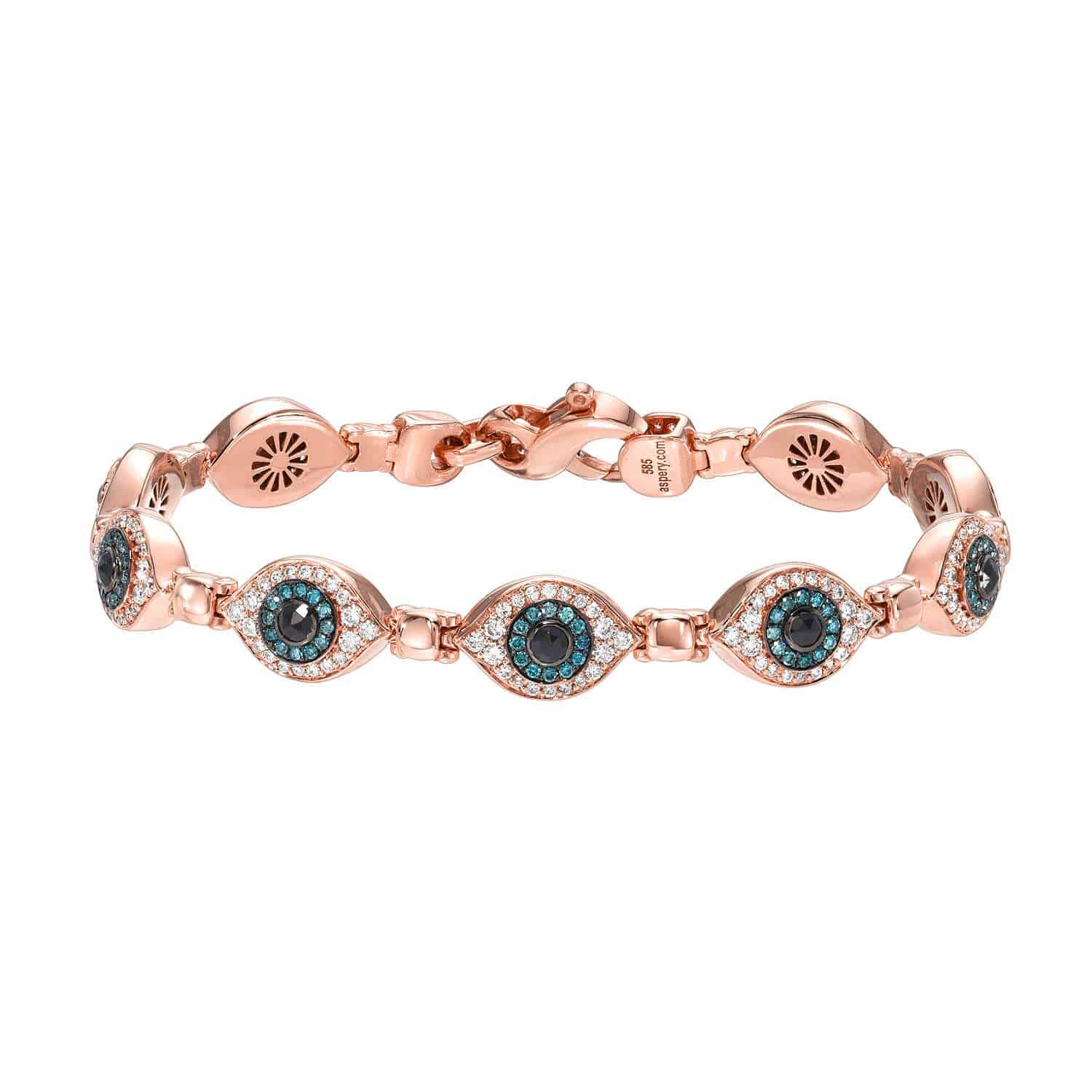 Explore the Repeating Evil Eye Bracelet by Janet Heller Fine Jewelry, crafted in rose gold with circular links showcasing a blue and white eye pattern. This polished, customizable piece fastens elegantly with its clasp. Available at janethellerfinejewelry.com.