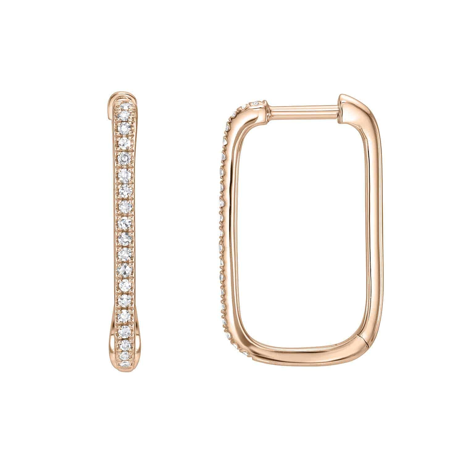 The Single Row Rectangular Diamond Hoops from janethellerfinejewelry feature two gold earrings, one closed and one open, with slightly rounded corners and a row of small embedded diamonds. Customization options are available for a unique style touch.