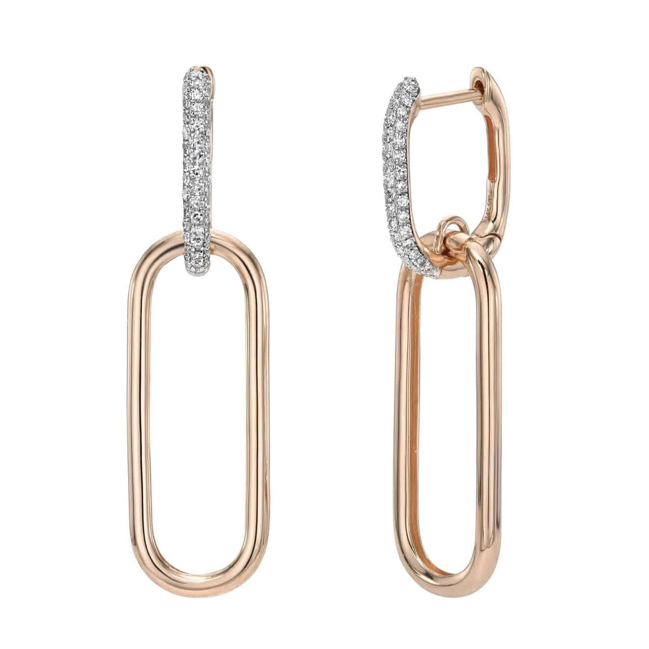 The Diamond Jordan Earrings from Janet Heller Fine Jewelry feature gold and diamond designs with elongated oval links. The top section sparkles with small diamonds, offering an elegant and contemporary look. Customizations are available to match your unique style.