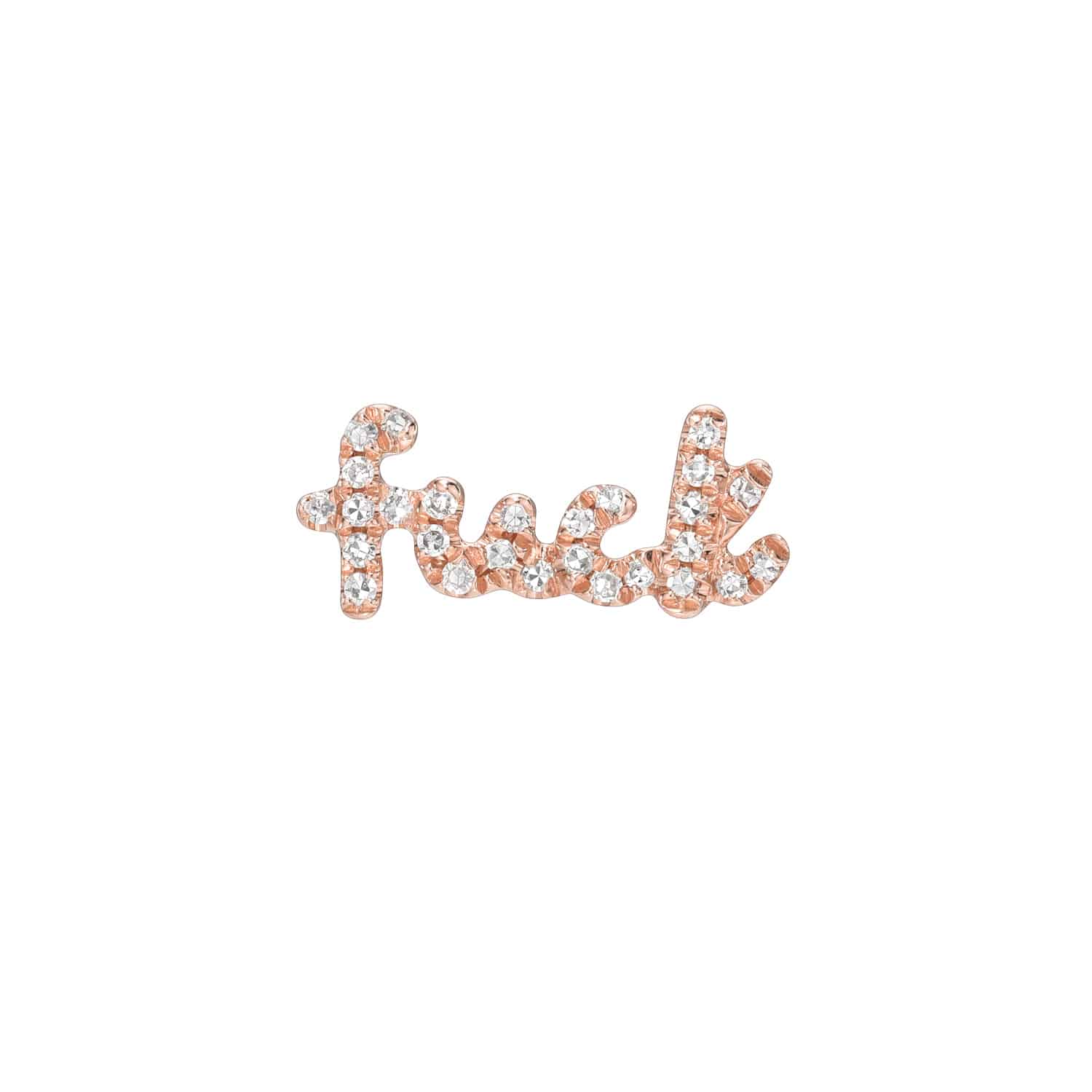 The Mini Diamond Fk Stud, encrusted with clear rhinestones, spells “fk” in cursive gold on a white background, combining the elegance of fine jewelry with bold, unique customization.
