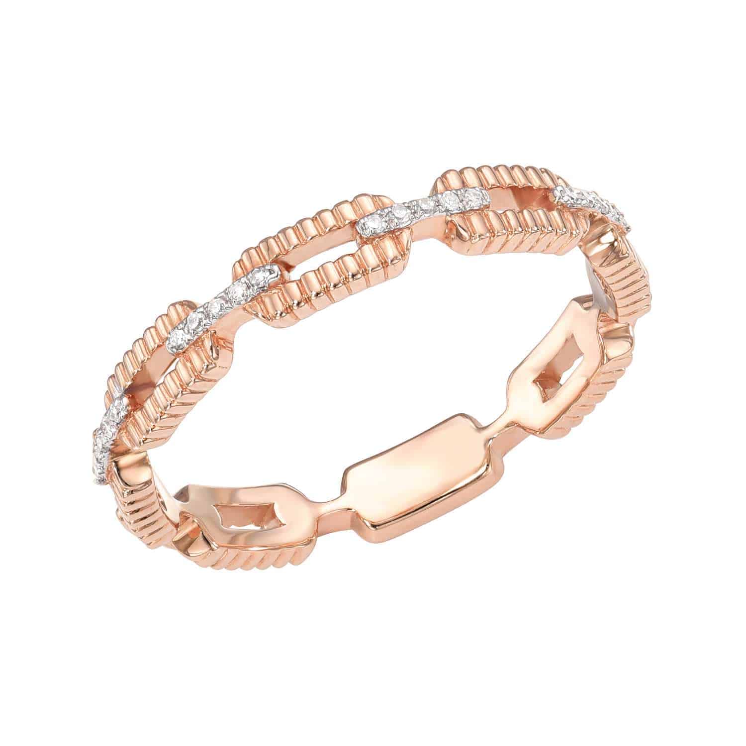 Explore the stunning Two Tone Diamond Link Ring, a fine jewelry piece featuring an intricate geometric design. It showcases rose gold links and diamond accents arranged in a zigzag pattern along the band. Available now for preorder.