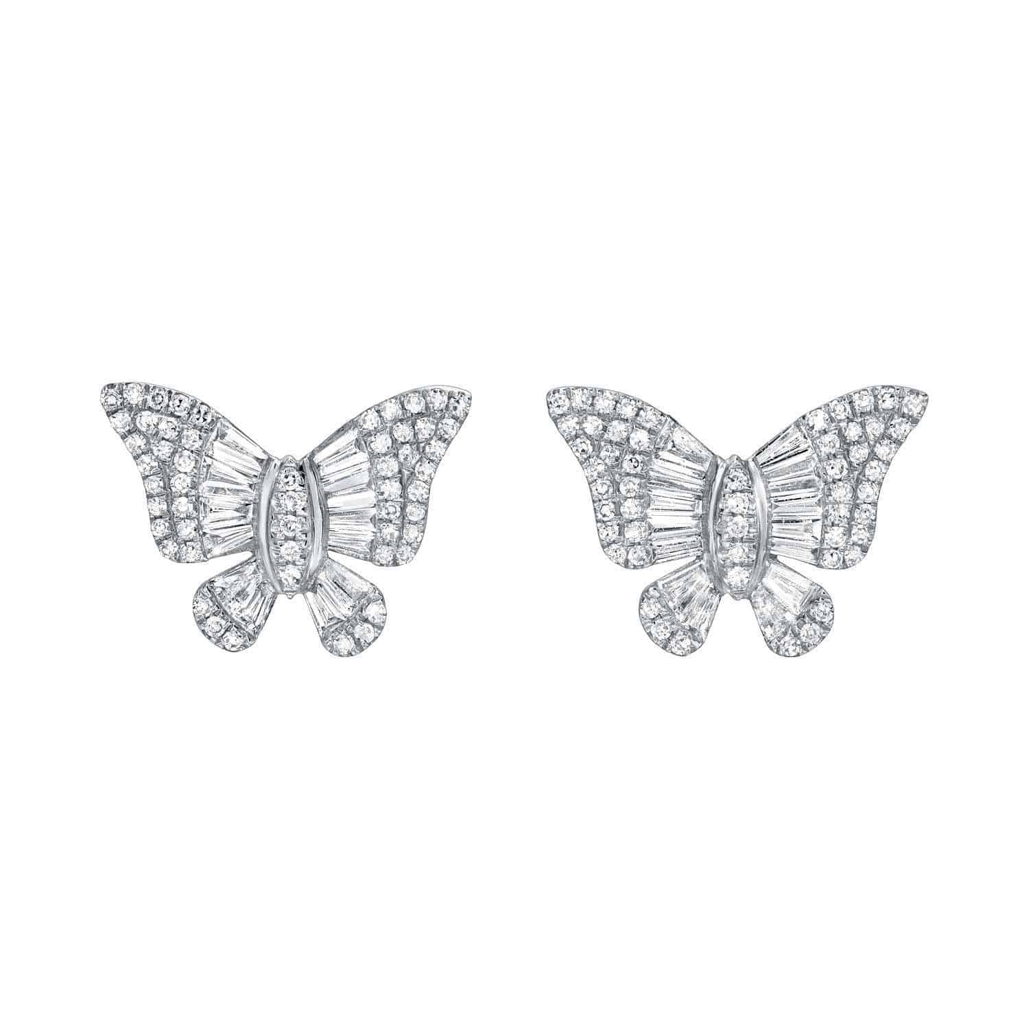 Our fine jewelry collections Baguette Diamond Butterfly Studs feature customizable sparkling diamonds. Intricately designed wings with numerous small stones create a shimmering effect, while each body is elegantly embellished for perfect symmetry.