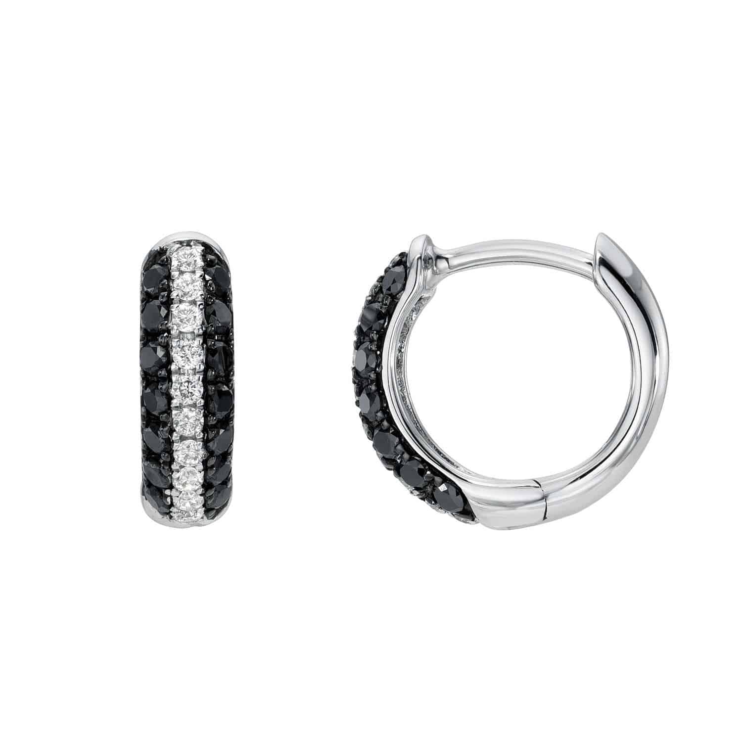The Black & White Diamond Huggies feature elegant jewelry design with a row of small black stones flanked by white stones. One earring shows a front view, while the other side displays its hoop shape and clasp. The polished silver metal is ideal for any style customization.