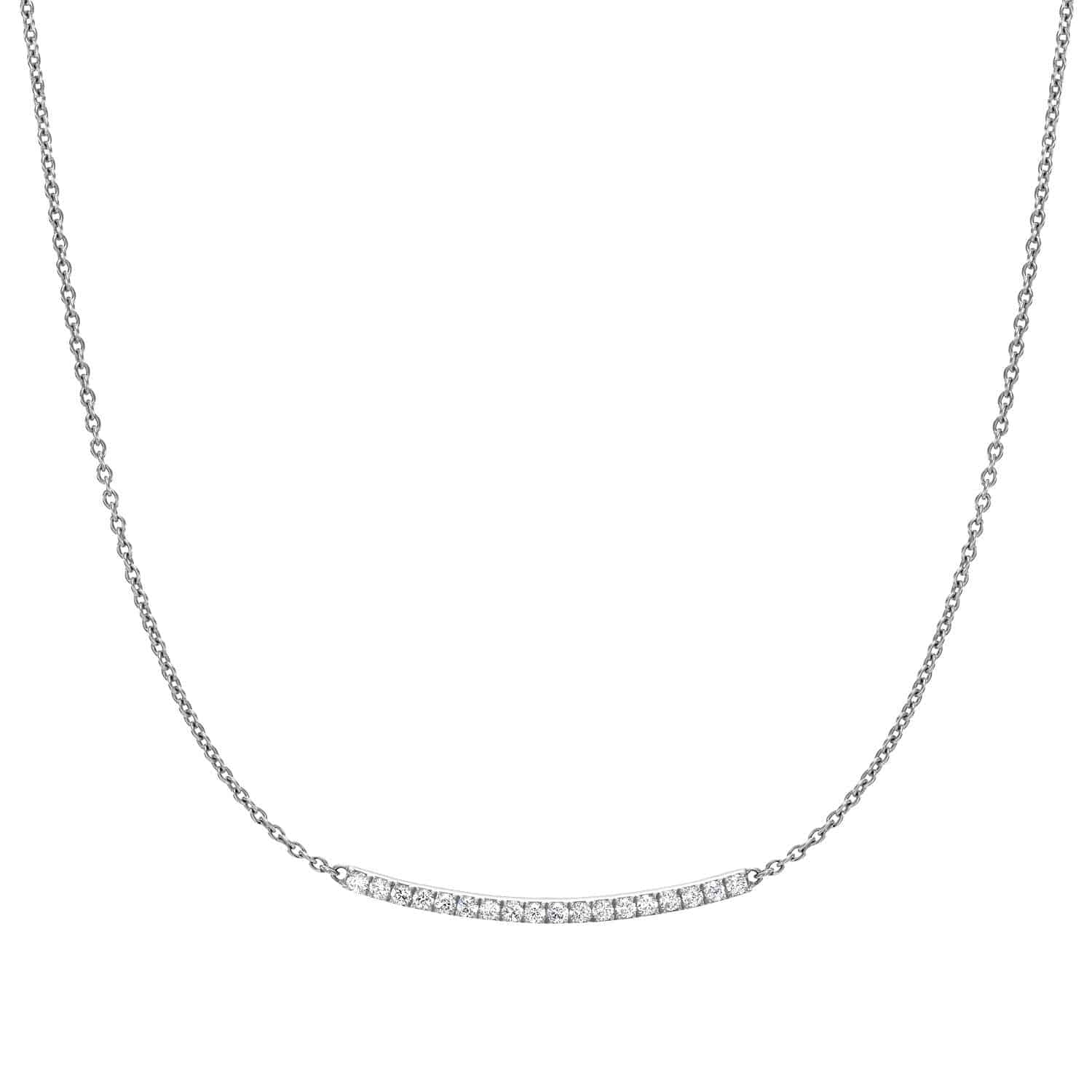 The Curved Diamond Bar Necklace features a delicate silver chain with a thin, curved bar pendant adorned with small diamonds. Simple and elegant against a white background. For customizations, please contact us.