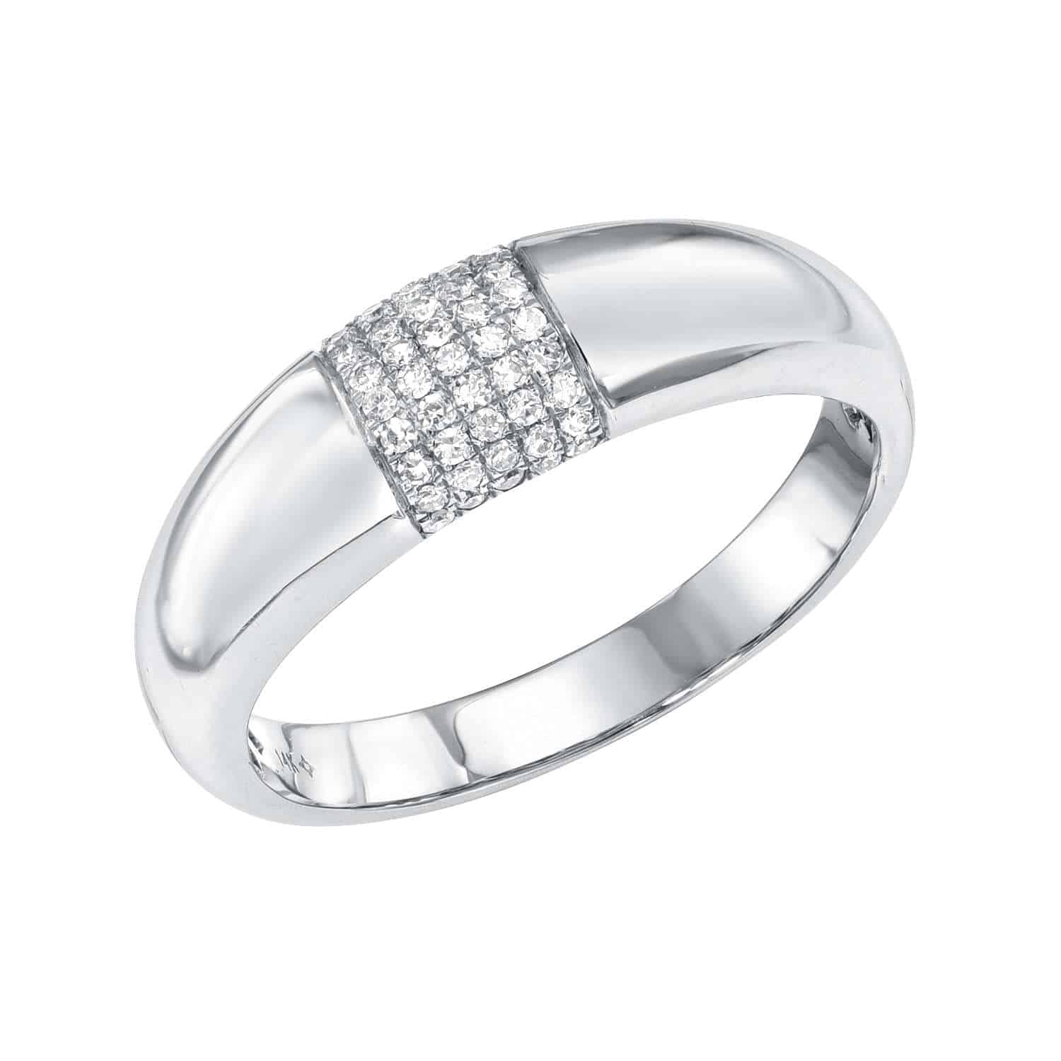 The Diamond Dome Ring from Janet Heller Fine Jewelry is crafted in 14KT gold.  The band features a central section adorned in a sparkling diamond grid pattern. The ring can be stacked or worn on its own.
