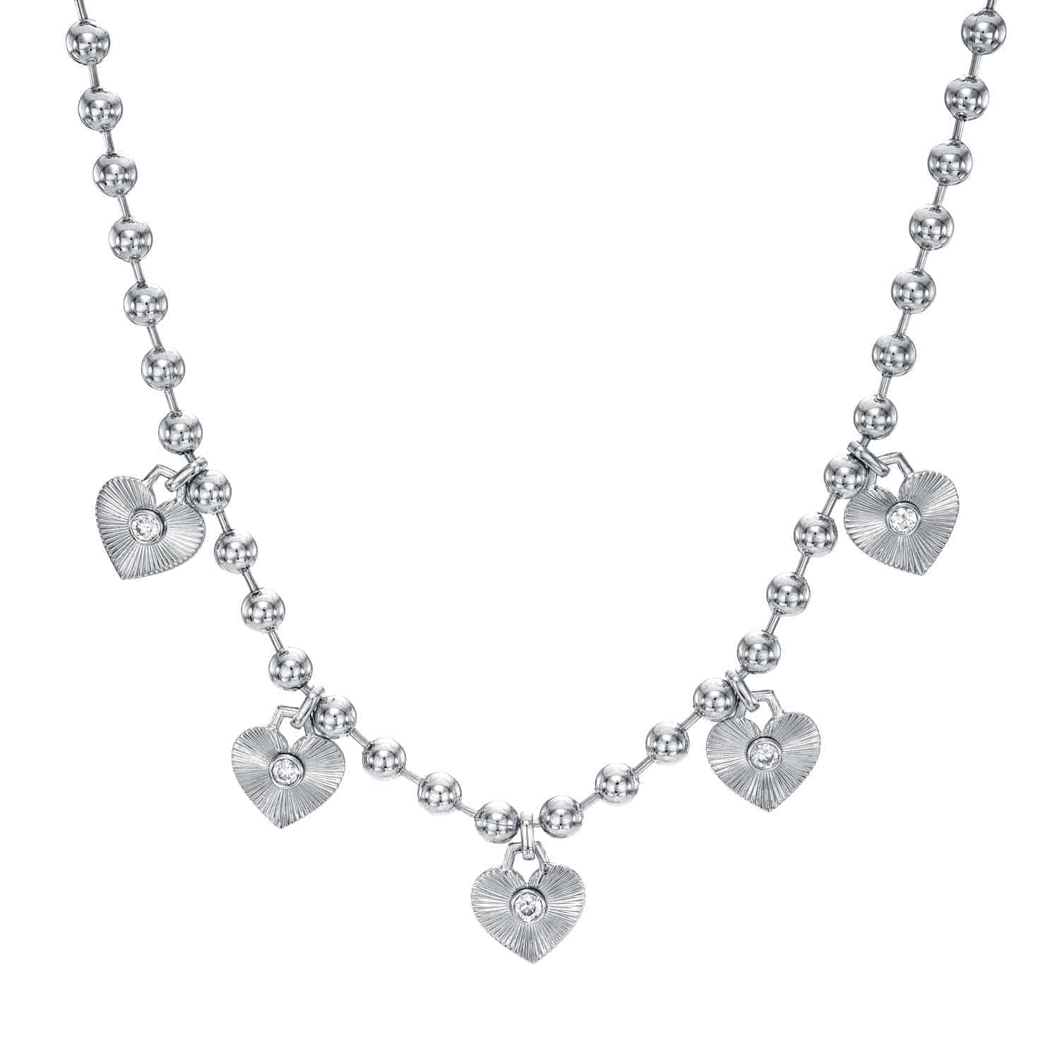 The Diamond Heart Scarlett Necklace is a silver piece adorned with round beads and five evenly spaced heart-shaped pendants, each featuring a central circular gemstone, ideal for personalized customizations.