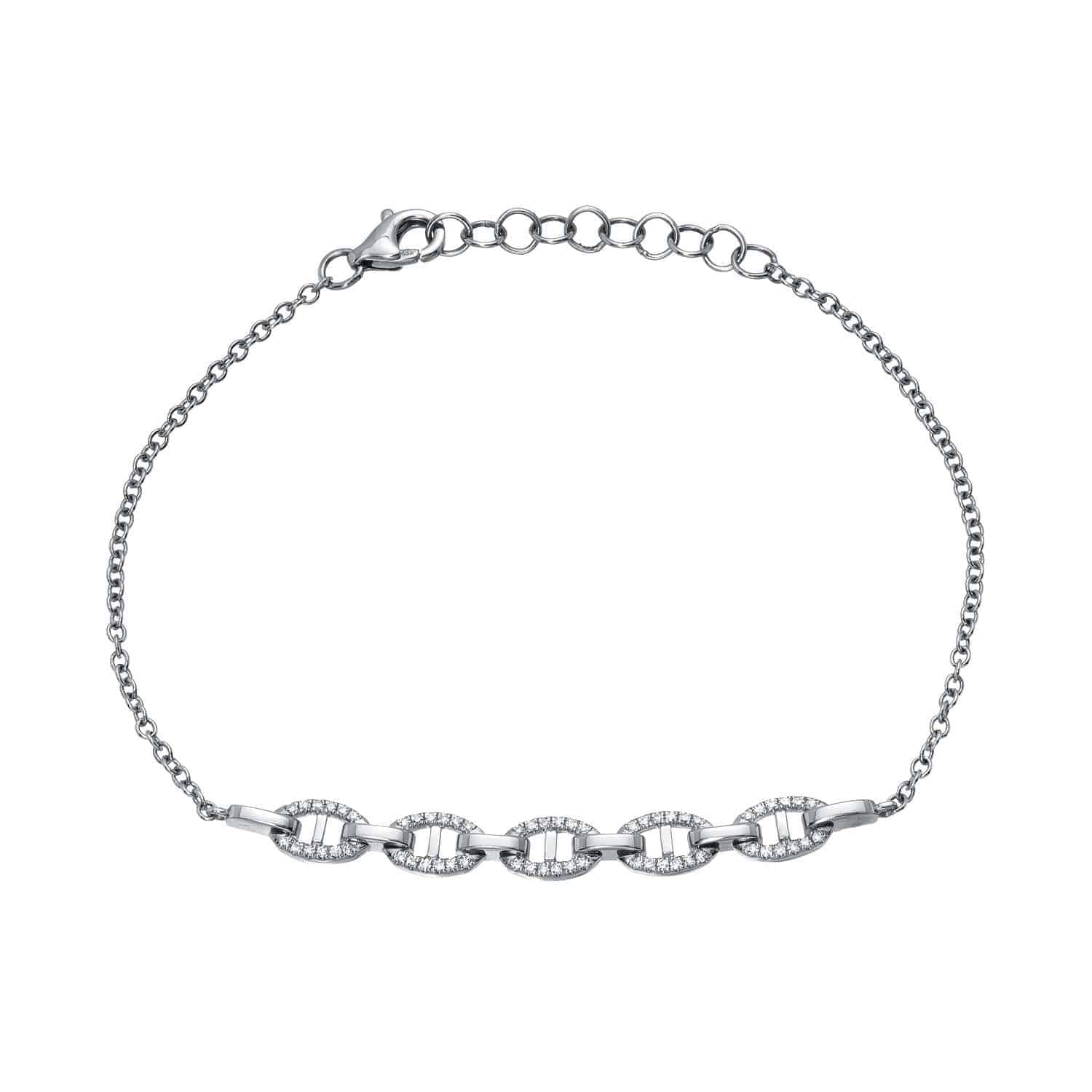 The Diamond Julianna Bracelet from Janet Heller Fine Jewelry is a delicate silver piece featuring five linked ovals with small rectangular accents and an adjustable clasp for a perfect fit.