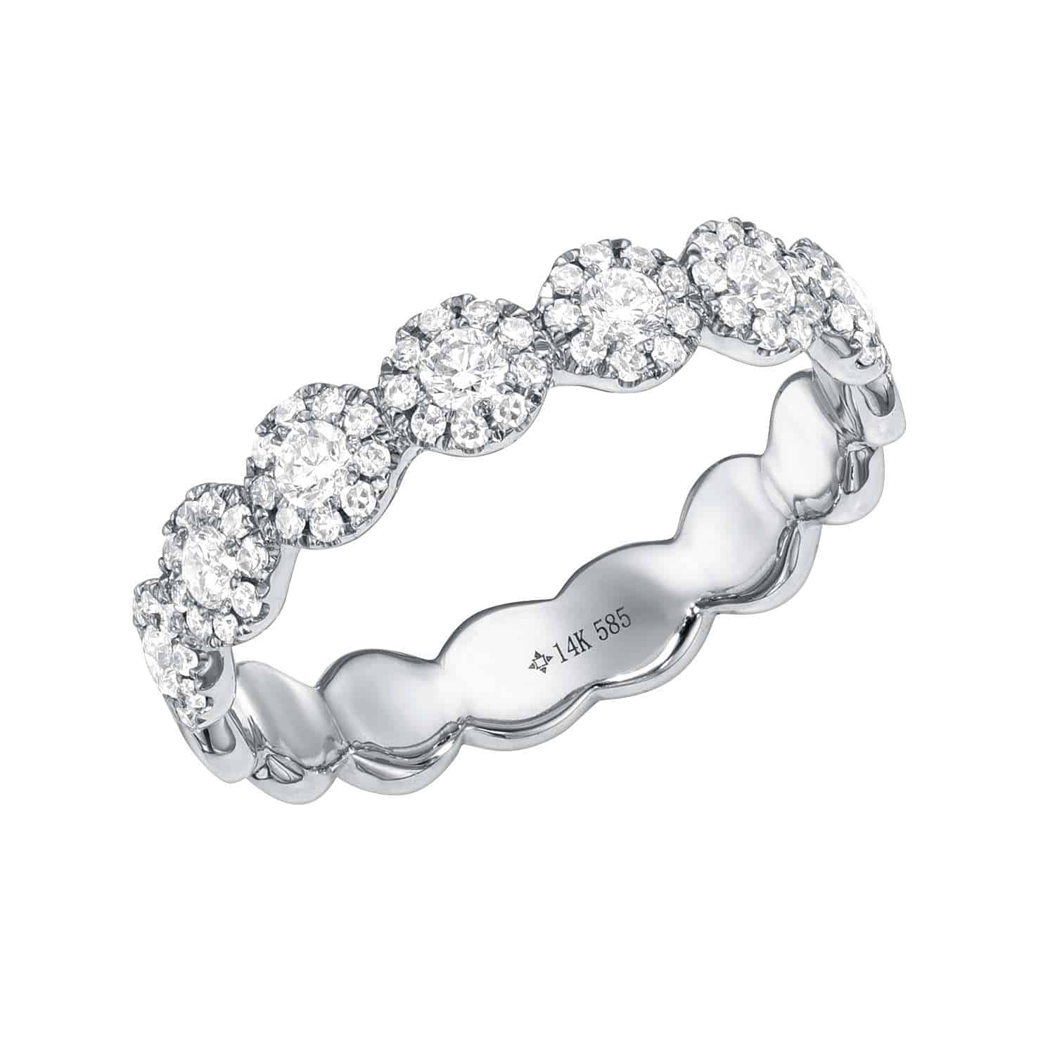 The Diamond Leah Ring features clusters of round diamonds set in a scalloped white gold band engraved with 14K 585. Contact us to preorder or request a custom ring size.