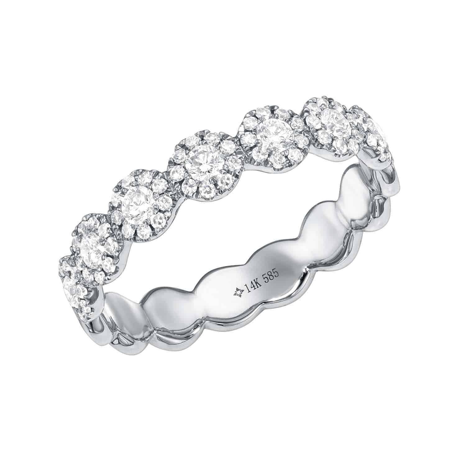 The Diamond Leah Ring is crafted in white gold with clusters of round sparkling diamonds in a scalloped pattern and engraved "14K 585" inside the band. For custom sizing or to preorder, please contact us.