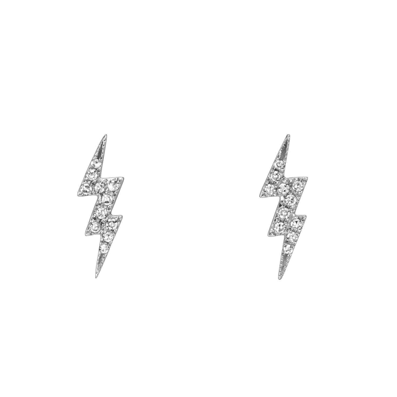 Two small, silver lightning bolt-shaped studs adorned with tiny, sparkling diamonds—the Diamond Lightning Bolt Studs—are displayed on a plain white background, showcasing the elegance and craftsmanship of Janet Heller Fine Jewelry. For jewelry inquiries or to explore custom jewelry options, please contact us.