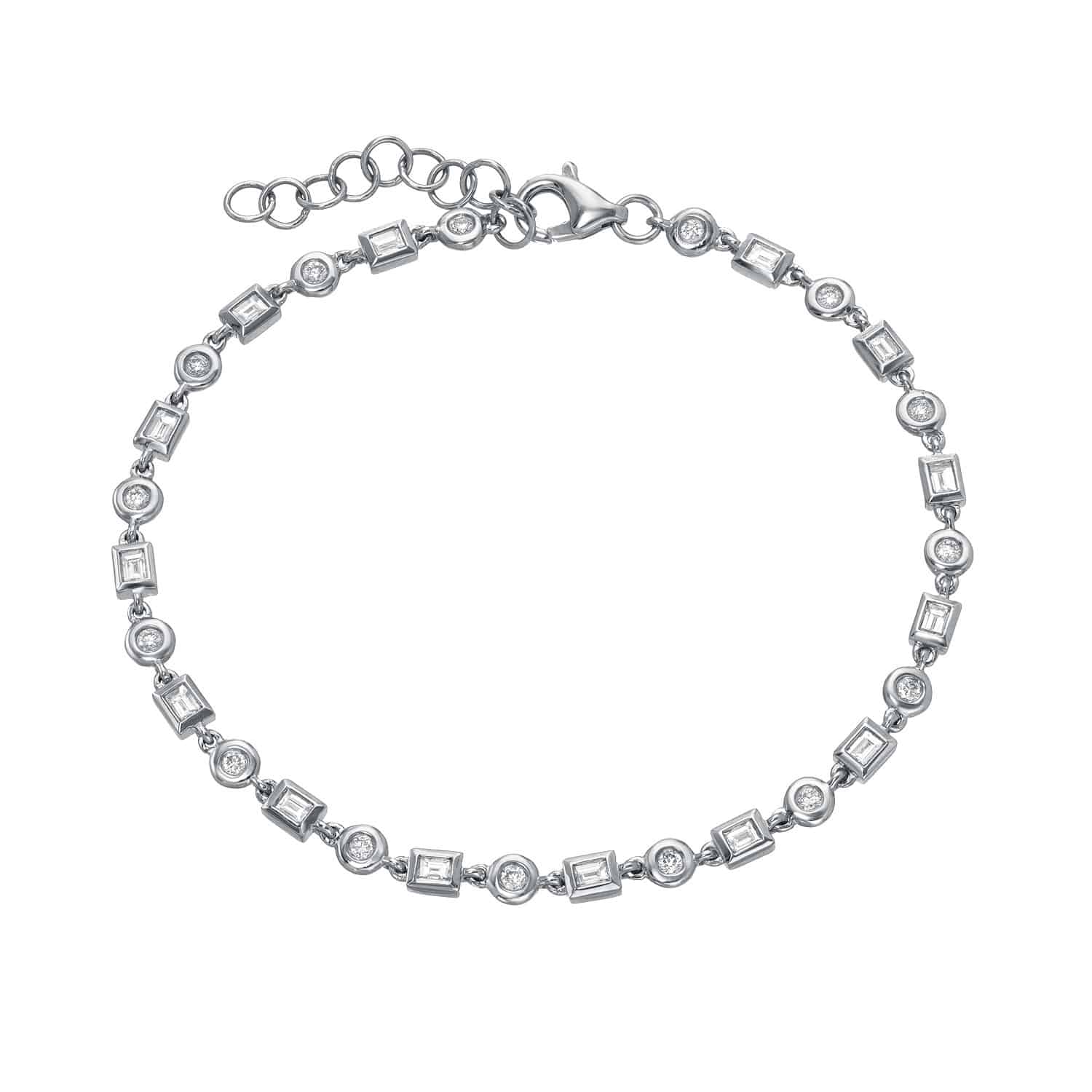 The Diamond Nicolette Bracelet is a silver piece featuring alternating square and circle links with small clear stones, an adjustable chain, and a clasp for a tailored fit. This elegant design exudes symmetry, making it a standout in any collection.