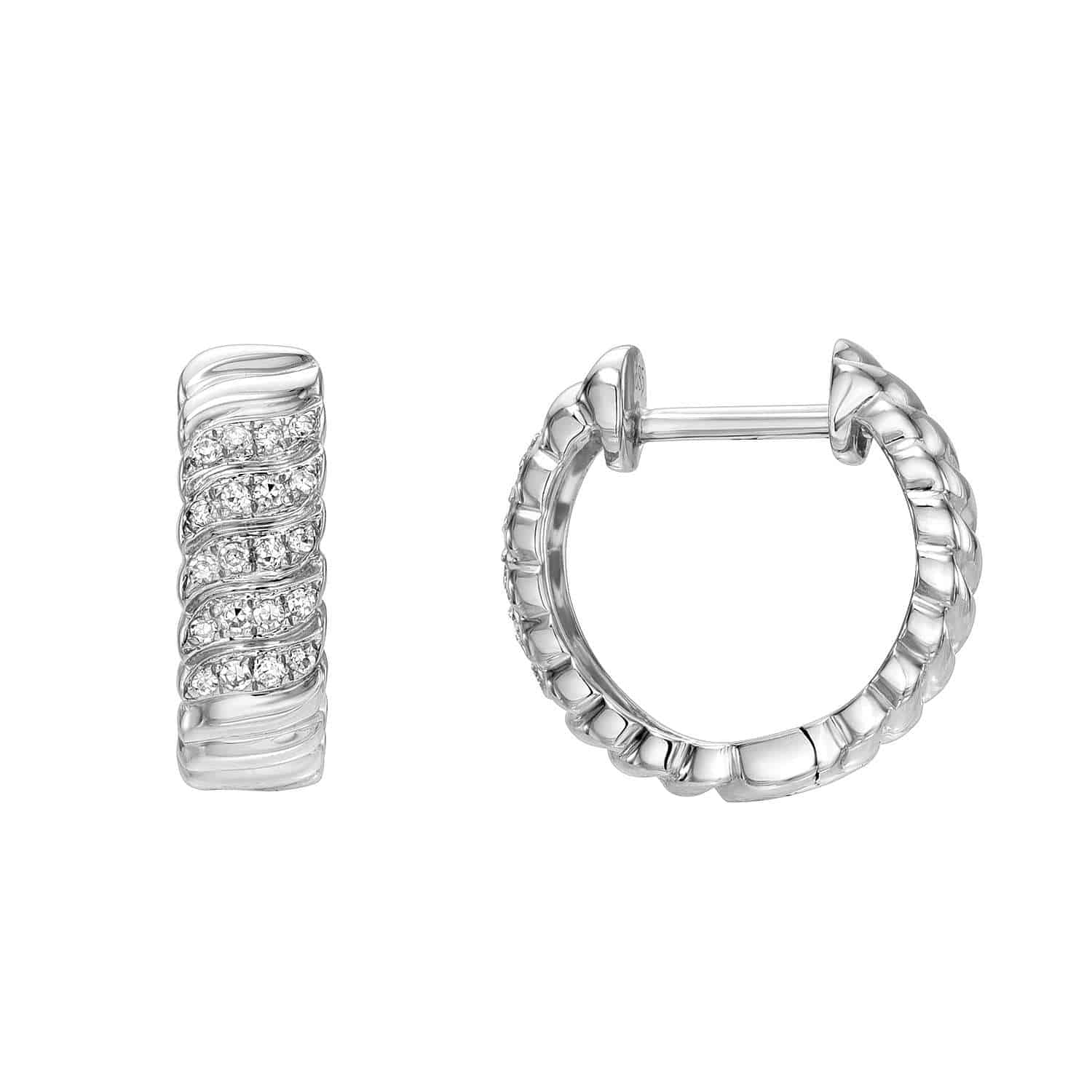 The Diamond Swirl Huggies by Janet Heller Fine Jewelry are elegant silver hoop earrings with a textured design, featuring one embellished with sparkling gemstones in a diagonal pattern. Display offers front and side views for customizations or inquiries.
