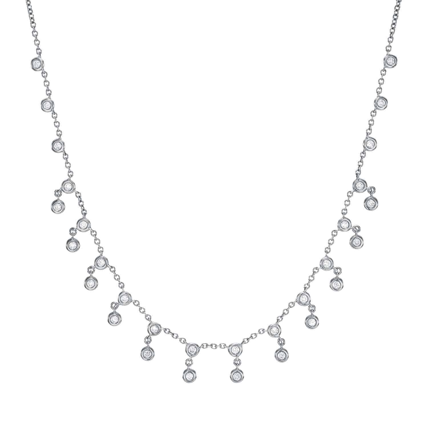 The Double Diamond Bezel Necklace (NEC-339-Y) by Janet Heller Fine Jewelry showcases small, round bezel-set diamonds along the delicate chain, with some forming short dangling clusters—perfect for custom jewelry lovers. $2075.