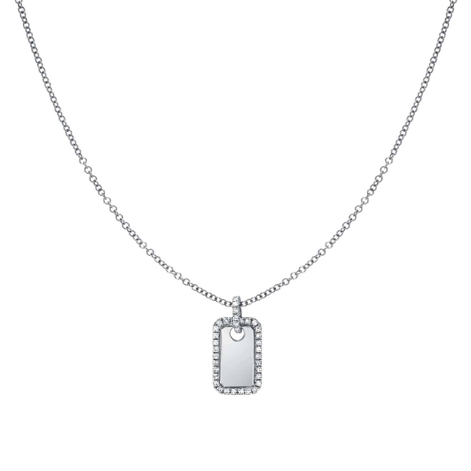 A silver Engravable Diamond Dog Tag Necklace, featuring a rectangular pendant outlined with small clear gemstones and suspended from a delicate chain, is displayed on a white background.