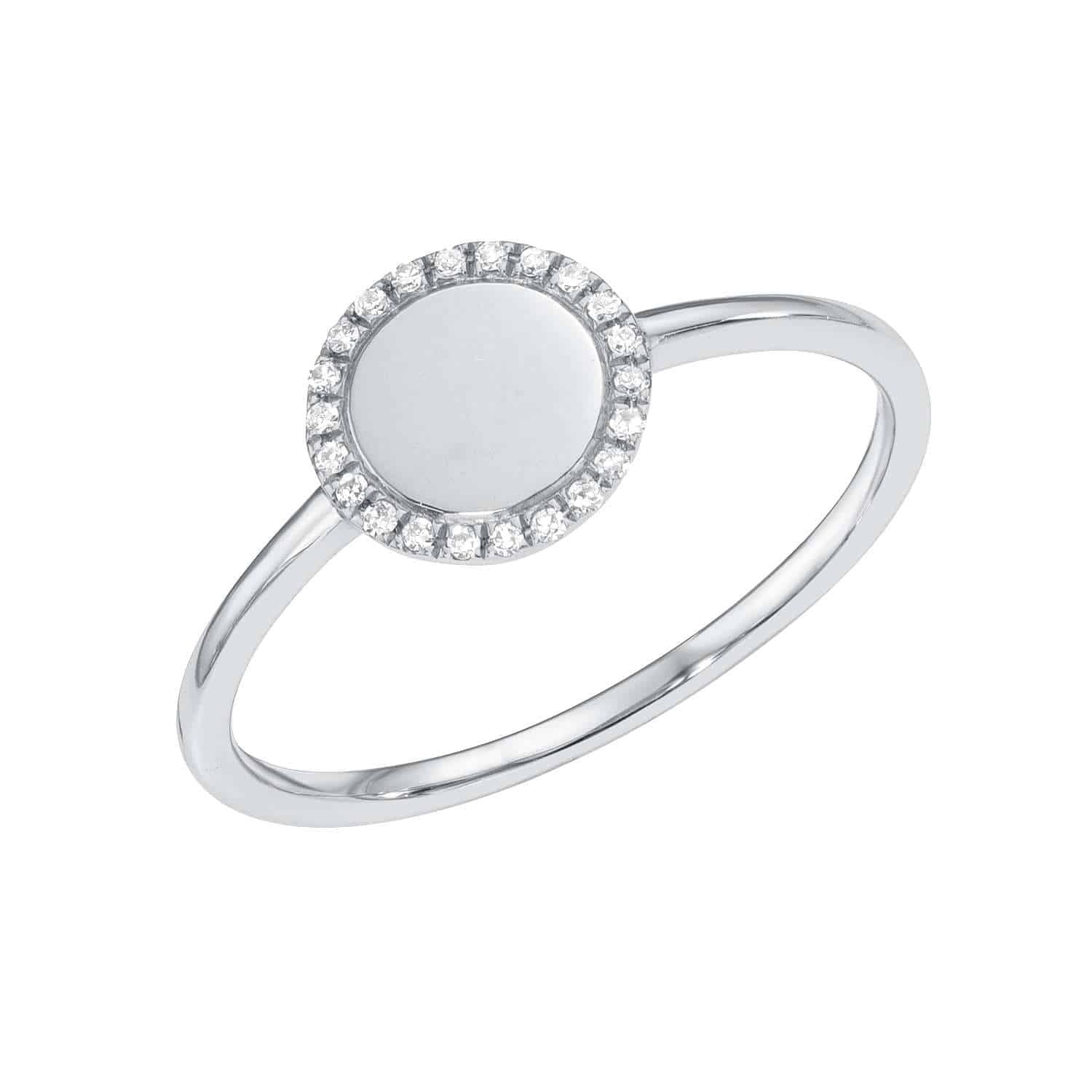 Introducing the Engravable Jade Ring—a silver custom ring featuring a plain, round center ideal for personalized engraving, accented with small sparkling clear stones on a delicate thin band.