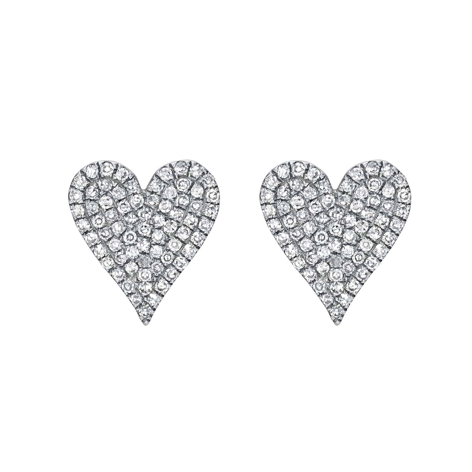 The Heart Shaped Diamond Devin Studs from Janet Hellers fine jewelry collection feature small diamonds encrusted symmetrically against a white background in a sparkling heart design.
