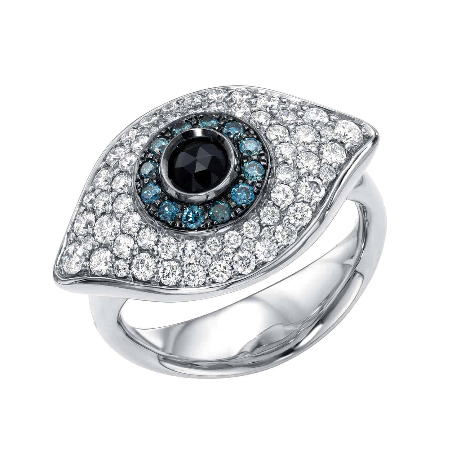 Explore the elegant Large Diamond Evil Eye Ring: a silver ring with an eye-shaped design, featuring a central black gemstone, smaller blue stones, and a larger band of clear stones on a polished band. Preorder now!.