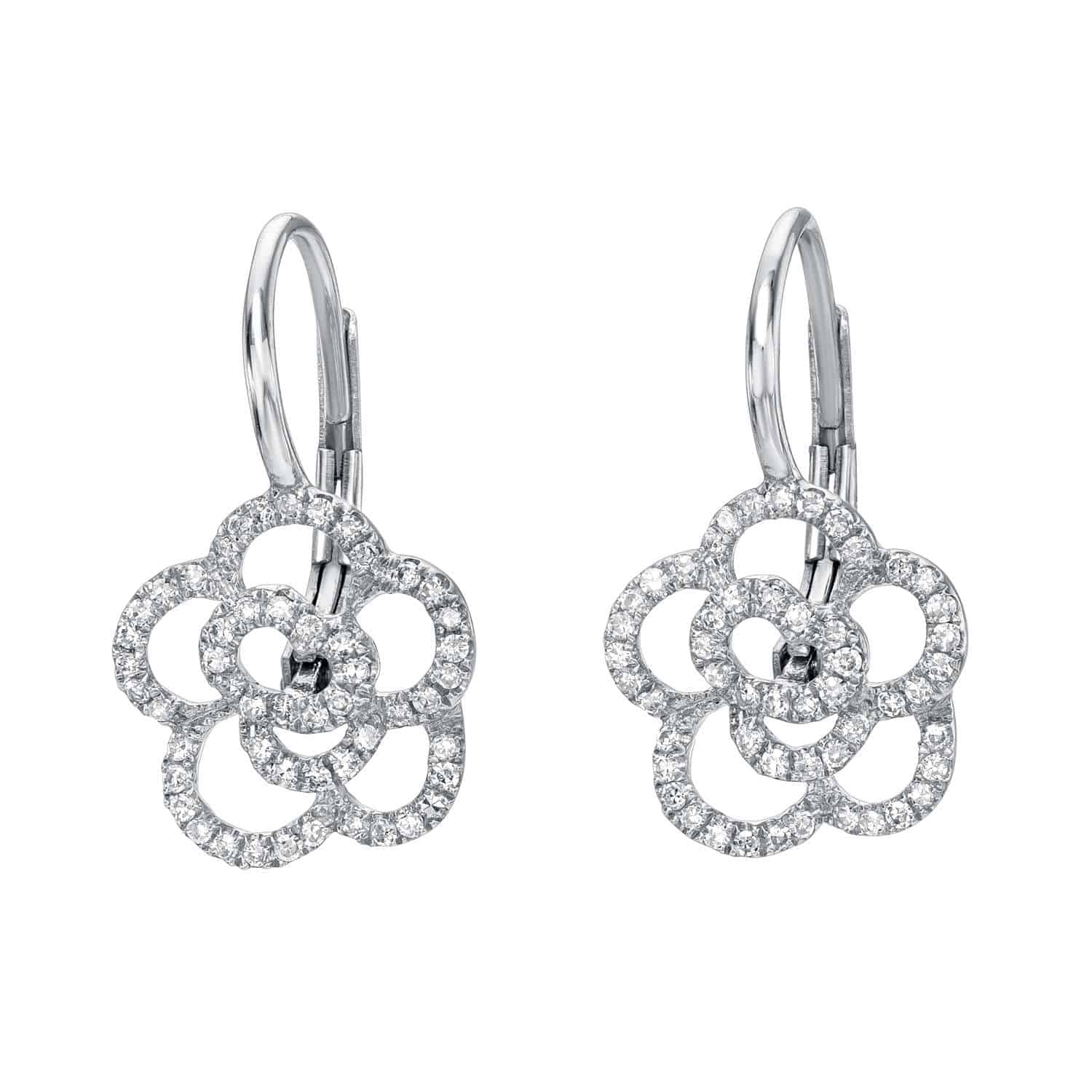 The Large Diamond Rosie Earrings from Janet Heller Fine Jewelry are crafted in 14KT gold. The earrings feature a floral design with diamonds. The dangle earrings can be worn on their own or layered along with ear with other earrings.