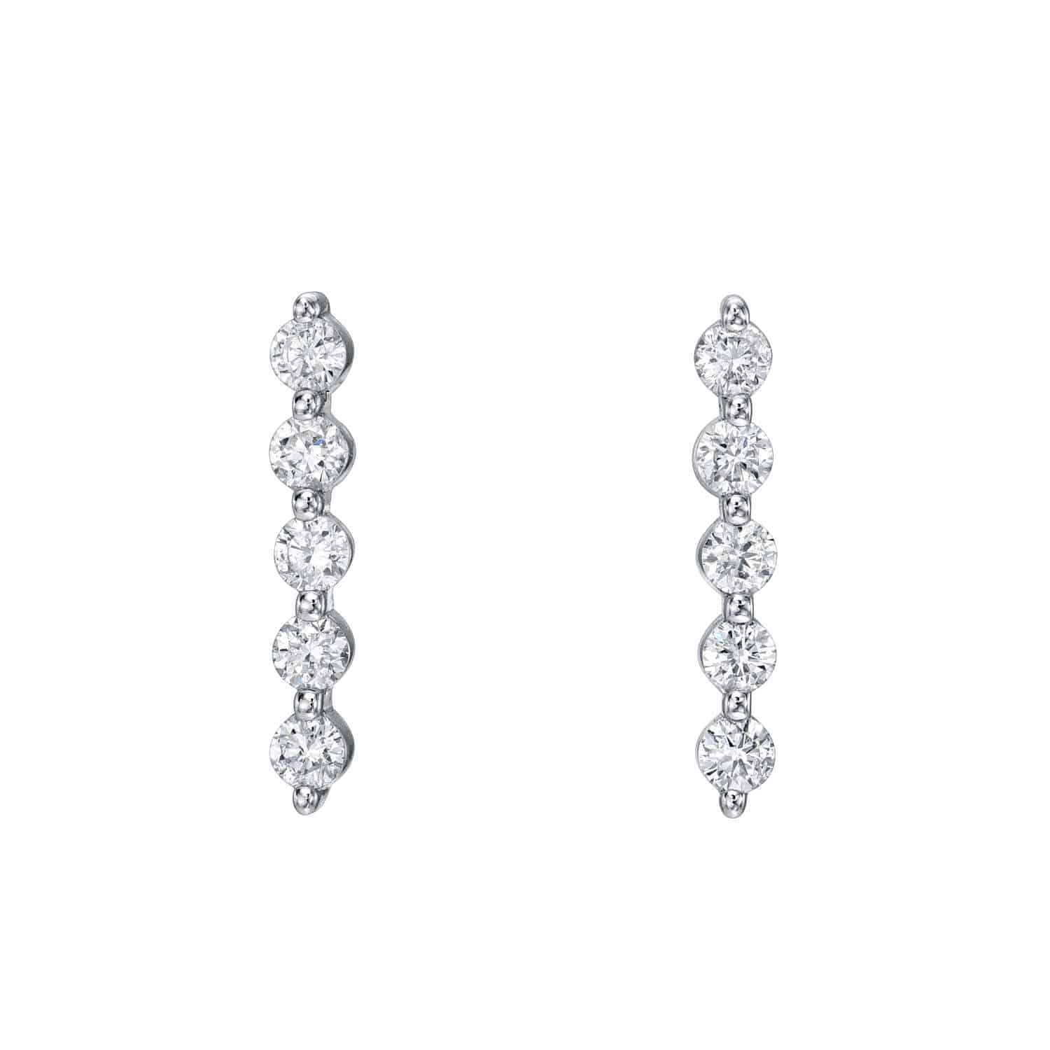 The Long Diamond Bar Studs feature white gold earrings with five round diamonds in a vertical line on a plain white background. Customizations are available for the perfect fit.