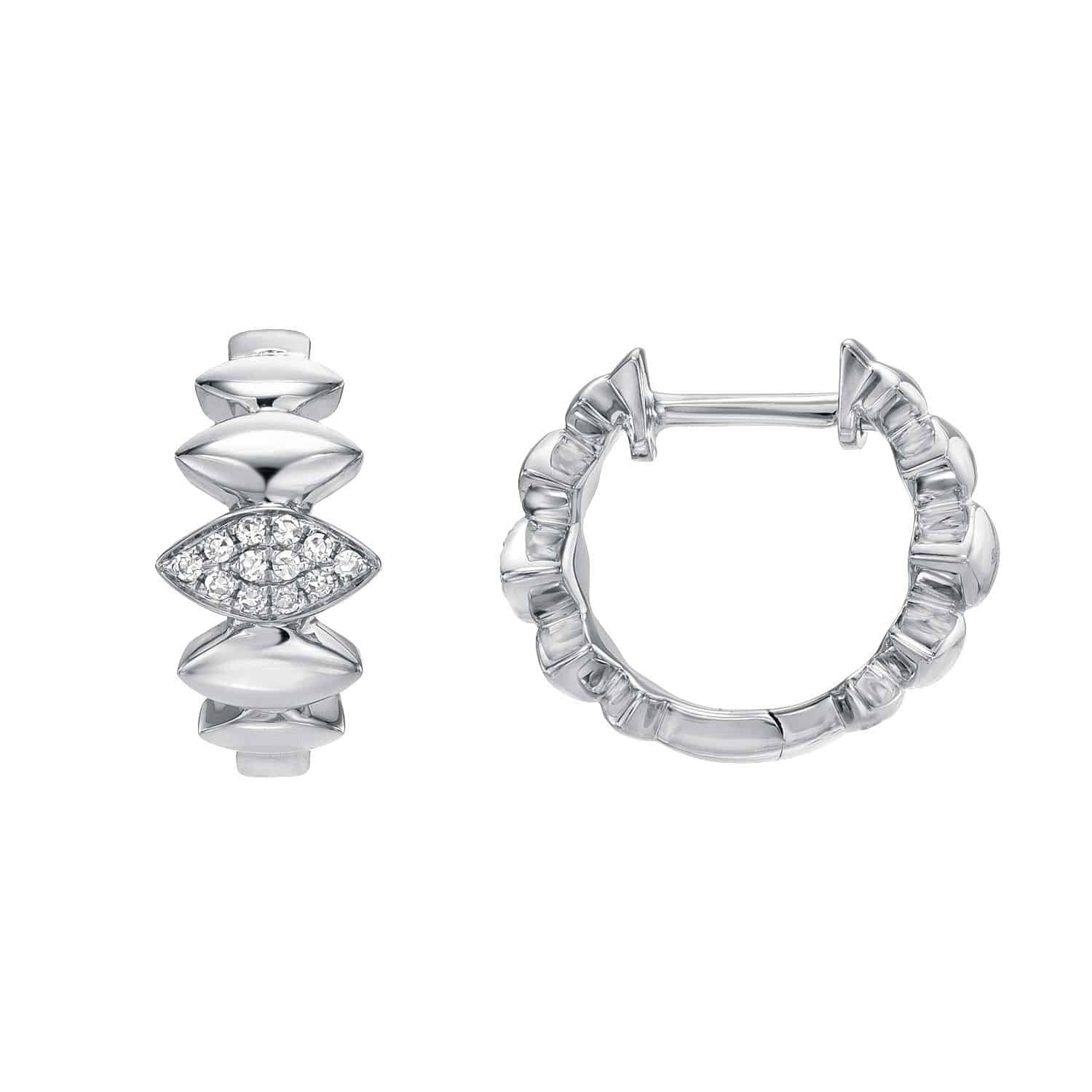The Marquise Cascade Huggies by Janet Heller Fine Jewelry are displayed: one earring features a front view highlighting a marquise-shaped section with crystals, and the other shows a smooth, shiny side with a rounded clasp. Customizations are available.