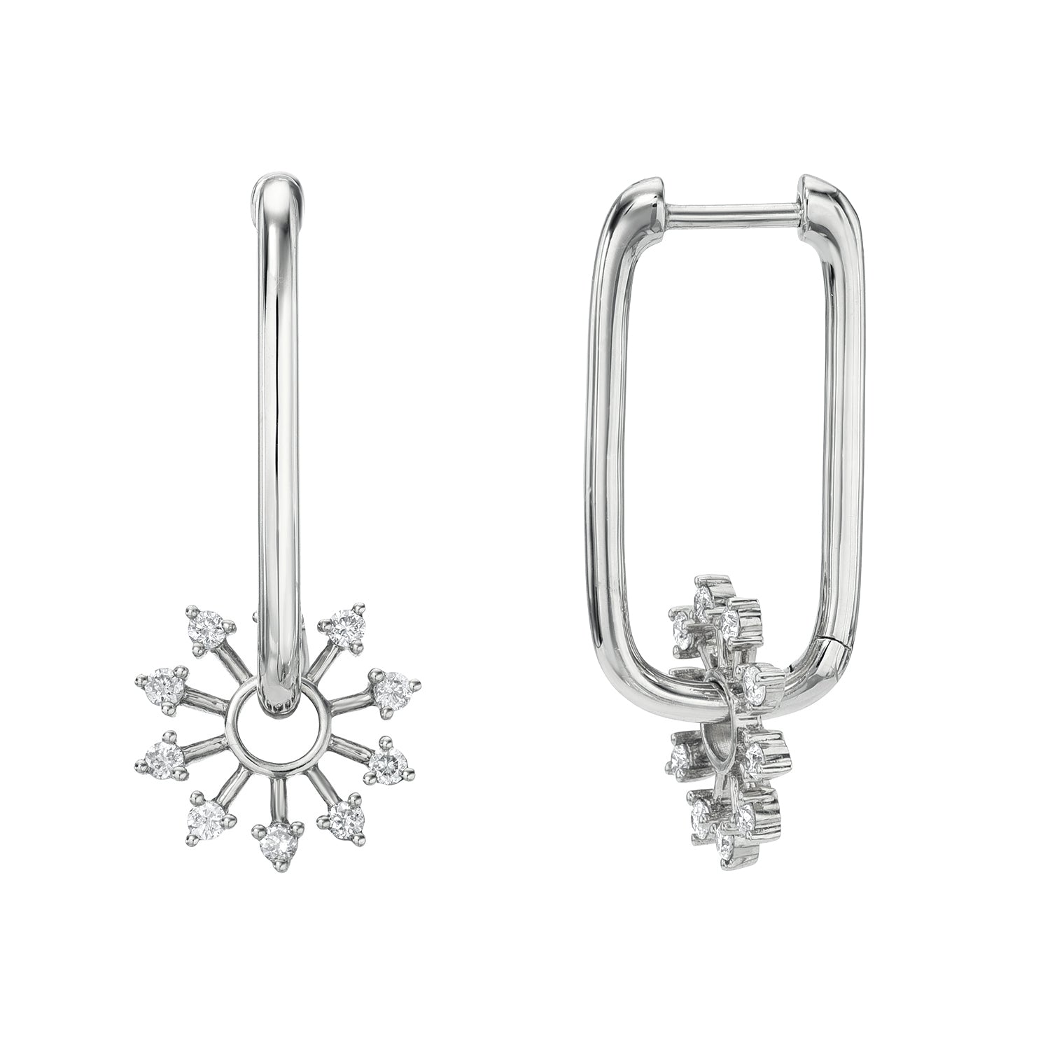 Explore elegance with Janet Hellers Oval Diamond Star Charm Hoops—two pairs of silver hoop earrings featuring a sunburst and baguette-cut design, both adorned with small clear gemstones. Customize your style with these polished treasures.