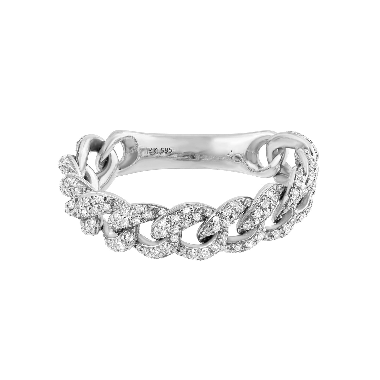 The Small Diamond Chain Ring by Janet Heller Fine Jewelry is a silver chain link ring with small diamonds and a polished band marked with 14k inside. Available for preorder, it offers no online sizing options and is beautifully isolated on a white background.