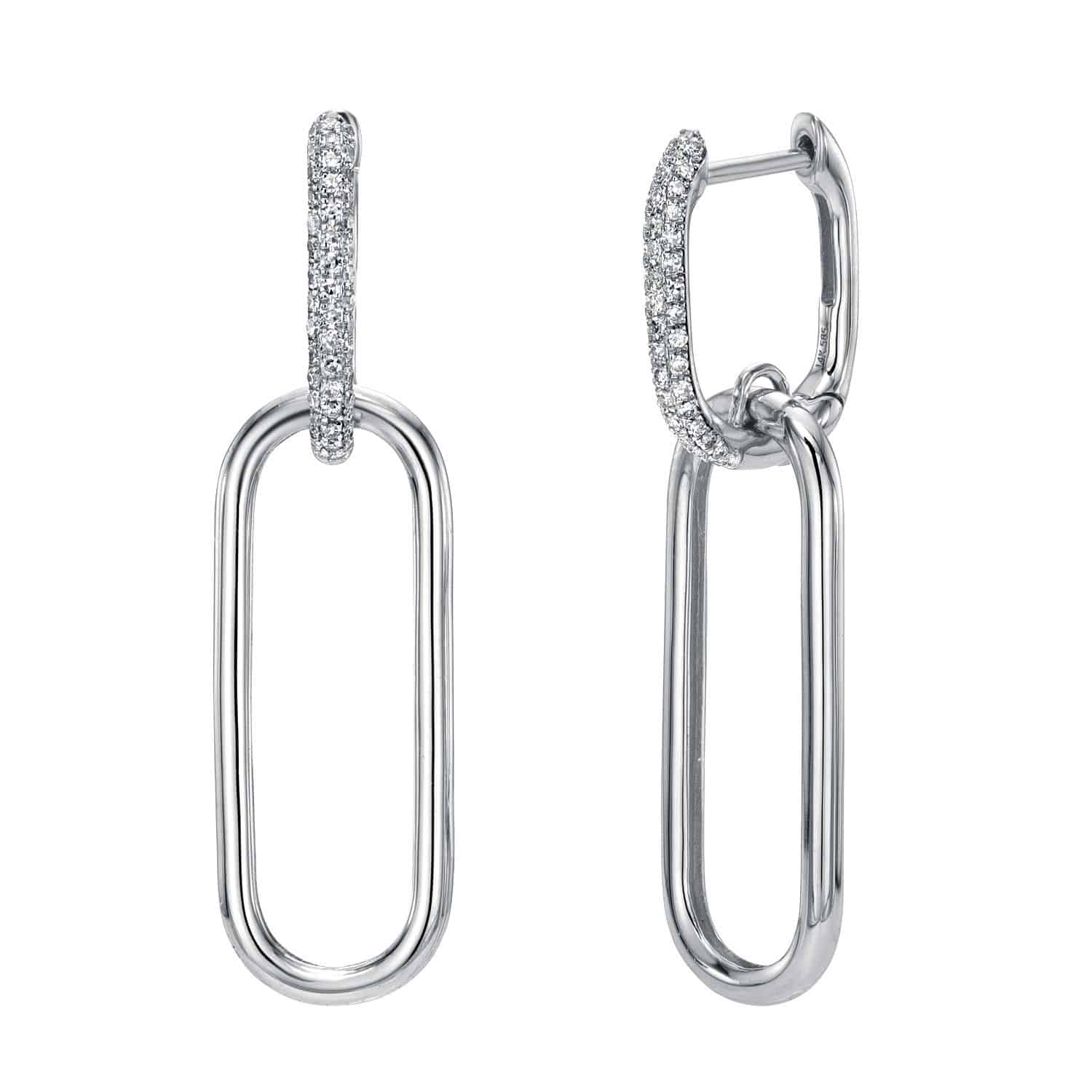 Explore the modern elegance of Janet Heller Fine Jewelry with the Diamond Jordan Earrings. These silver earrings feature an oval loop design with a stone-encrusted smaller loop attached to a larger plain oval loop. Contact us for customizations to match your unique style.