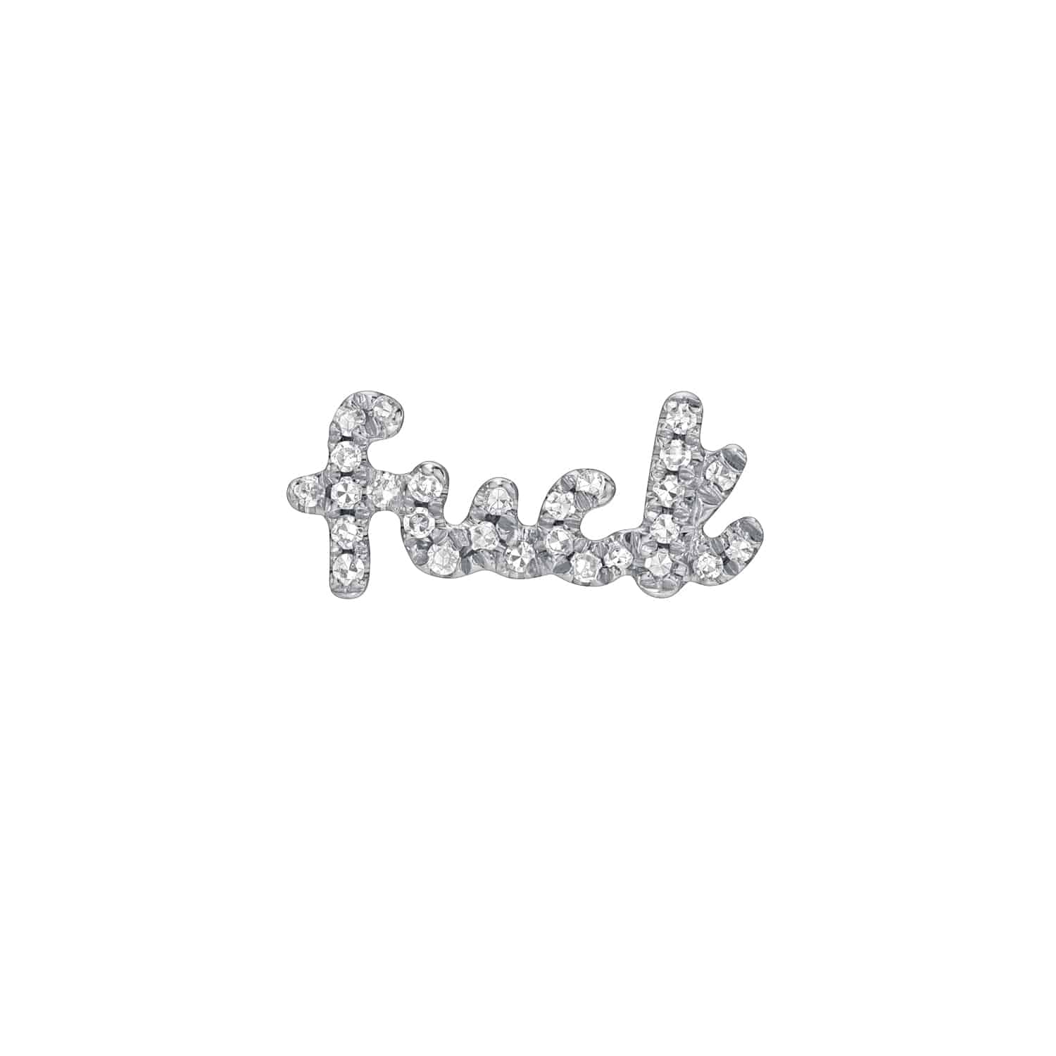 This edgy Mini Diamond F**k Stud, part of our fine jewelry collection, features dazzling silver rhinestones spelling fuck on a white background. It offers customization and single sale options to match your unique style.