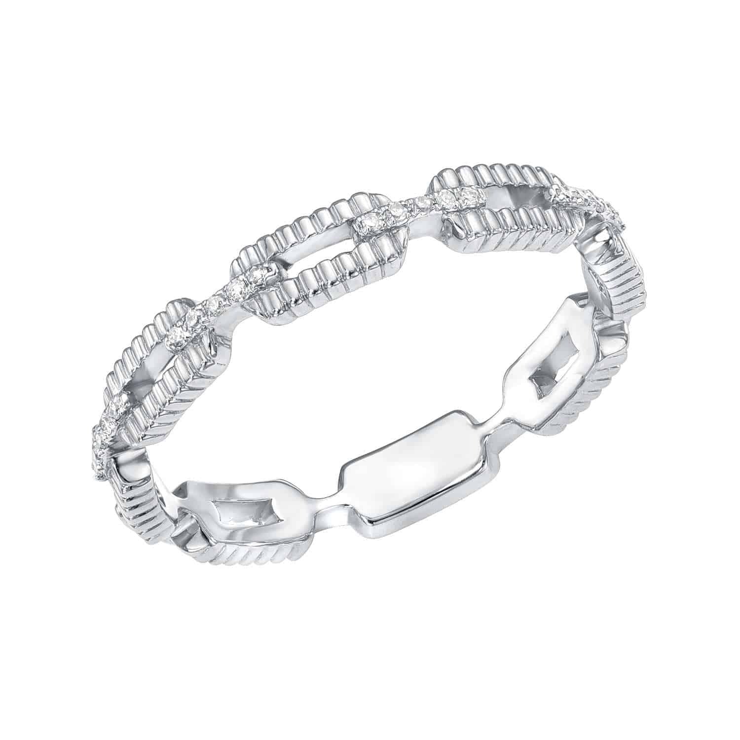 The Two Tone Diamond Link Ring by Janet Heller Fine Jewelry features a geometric rectangular link design with small embedded diamonds and intricate ridged detailing. Choose your ring size or preorder for the perfect fit.