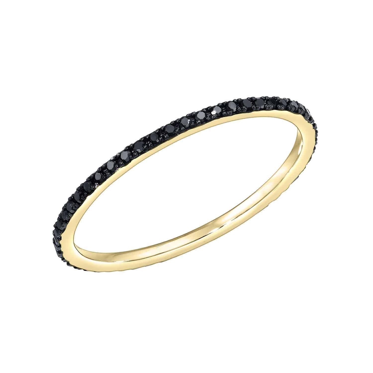 Introducing the Black Rhodium Black Diamond Ring from Janet Heller Fine Jewelry—a slender gold band adorned with a continuous row of petite, round black diamonds. Available for preorder in your preferred ring size for $387.00 (SKU: RIN-397-5-Y).