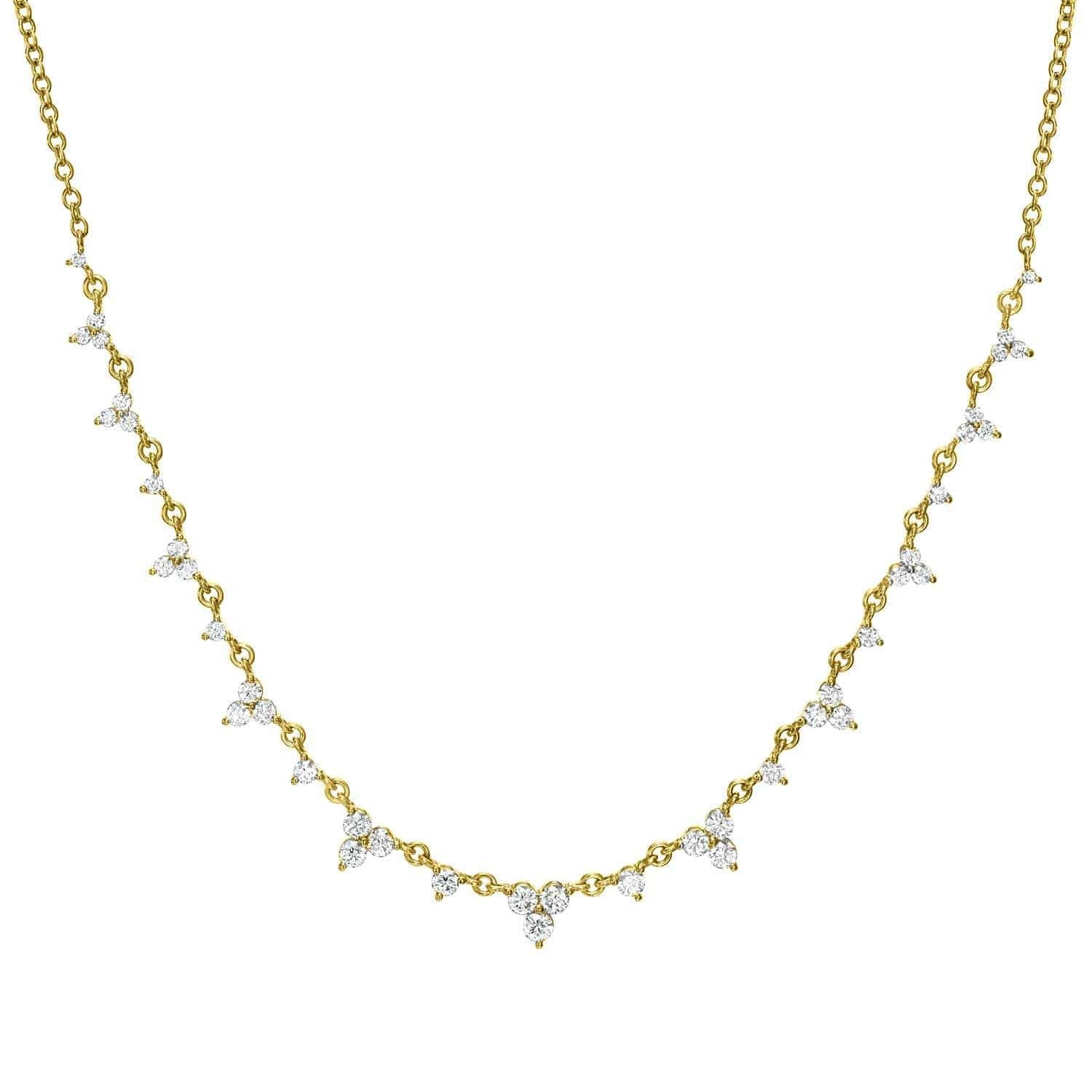 The Diamond Isabella Necklace by Janet Heller Fine Jewelry features a gold chain adorned with small, evenly spaced clusters of sparkling clear gemstones, creating a delicate and elegant fine jewelry design.