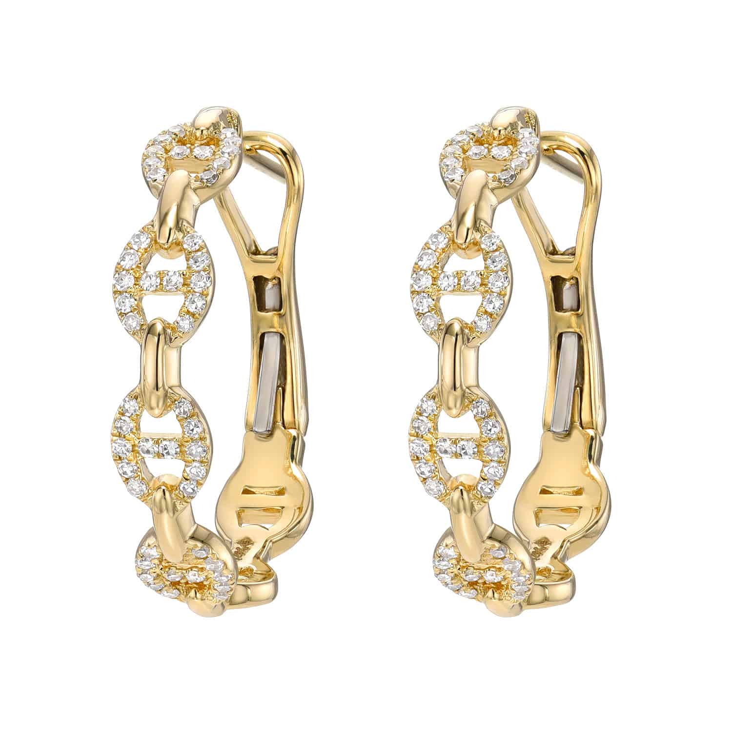 The Diamond Matilda Hoops are gold hoop earrings with interlocking chain links, elegantly embellished with small, sparkling diamonds.
