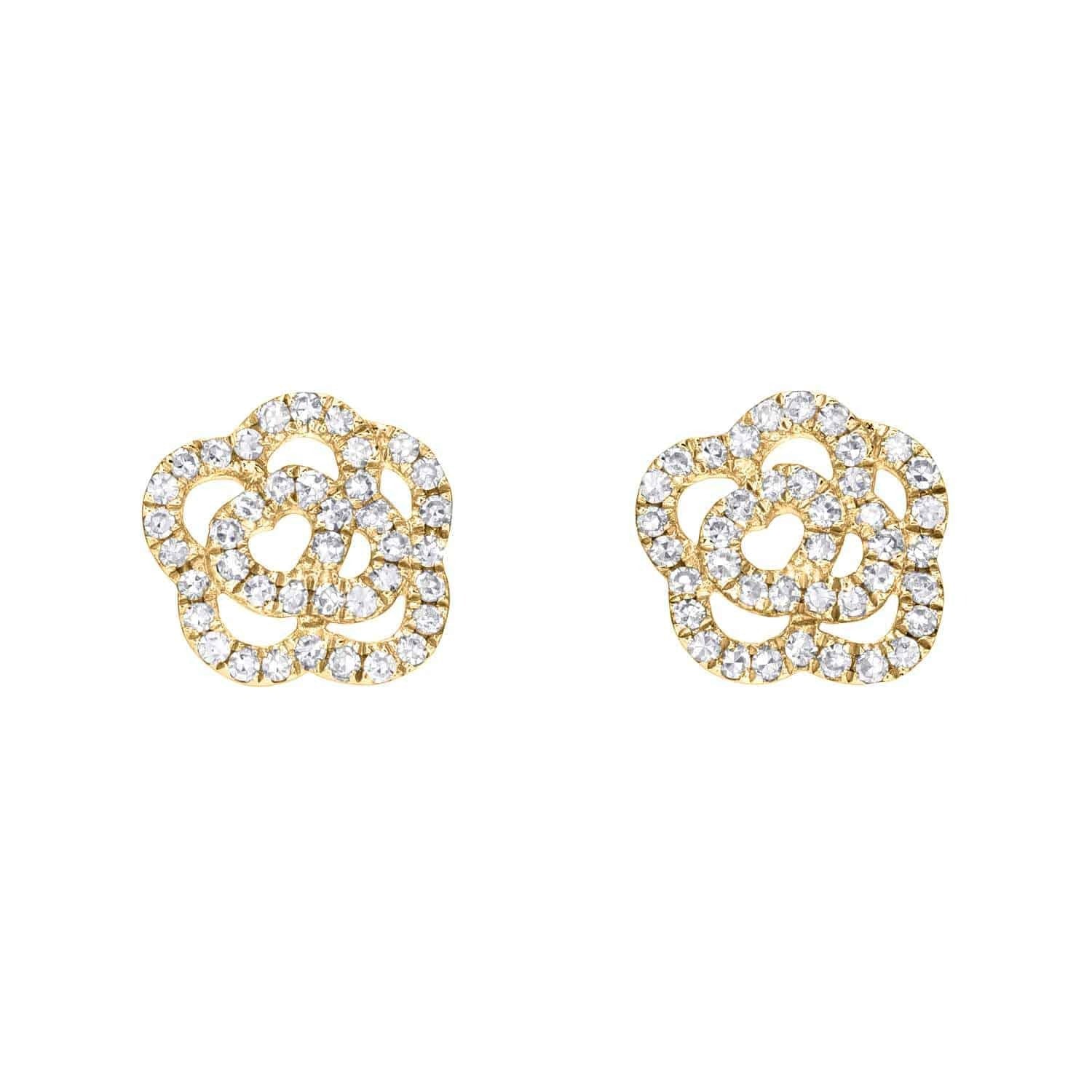 Diamond Rose Studs—floral-shaped gold earrings encrusted with small sparkling diamonds and displayed against a plain white background—are an exquisite showcase of Janet Heller Fine Jewelry’s dedication to fine jewelry craftsmanship.